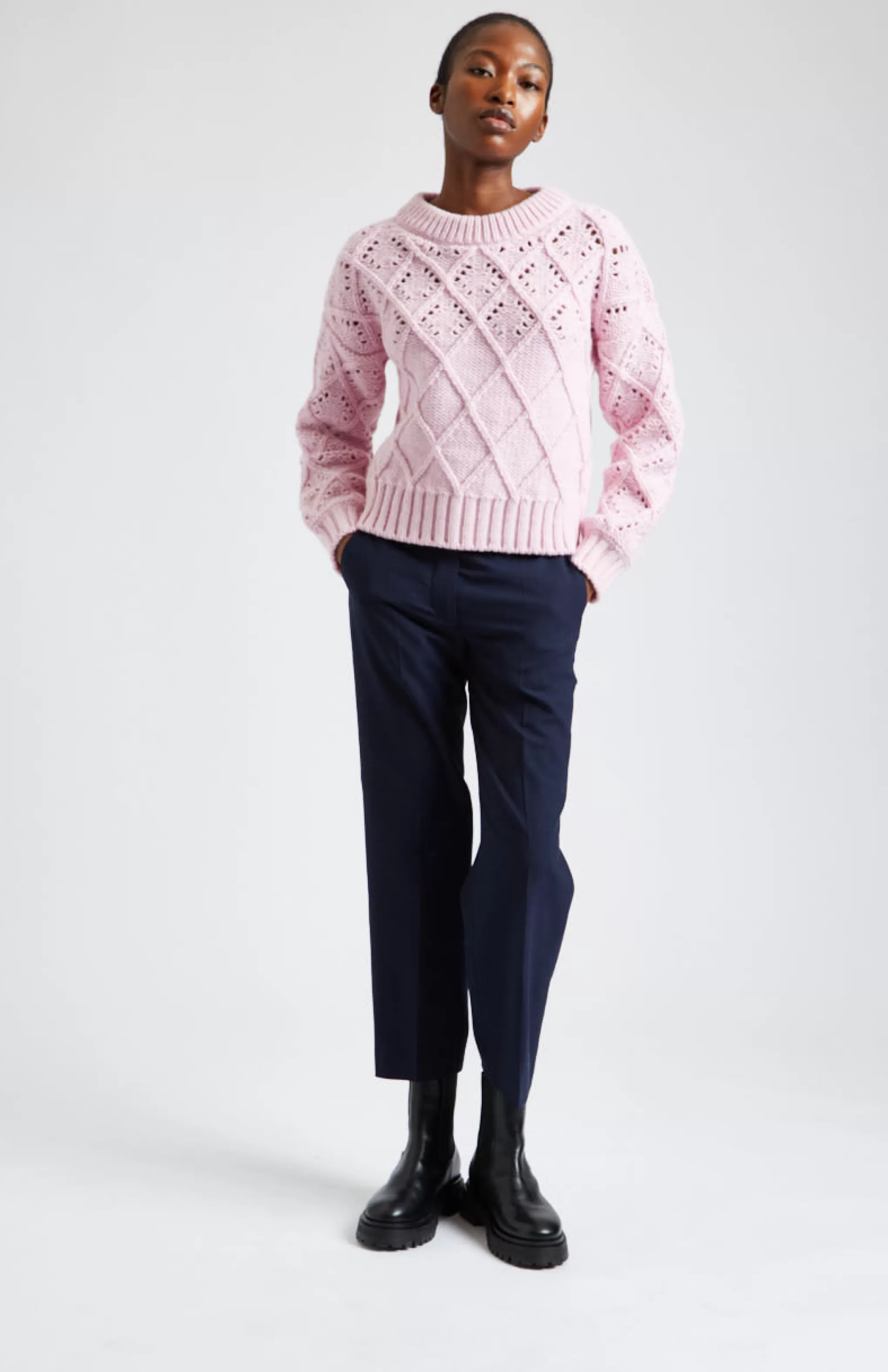 Fashion Superfine Wool Jumper With Allover Diamond Pattern In Powder Pink Men/Women Heavy Weight Knits