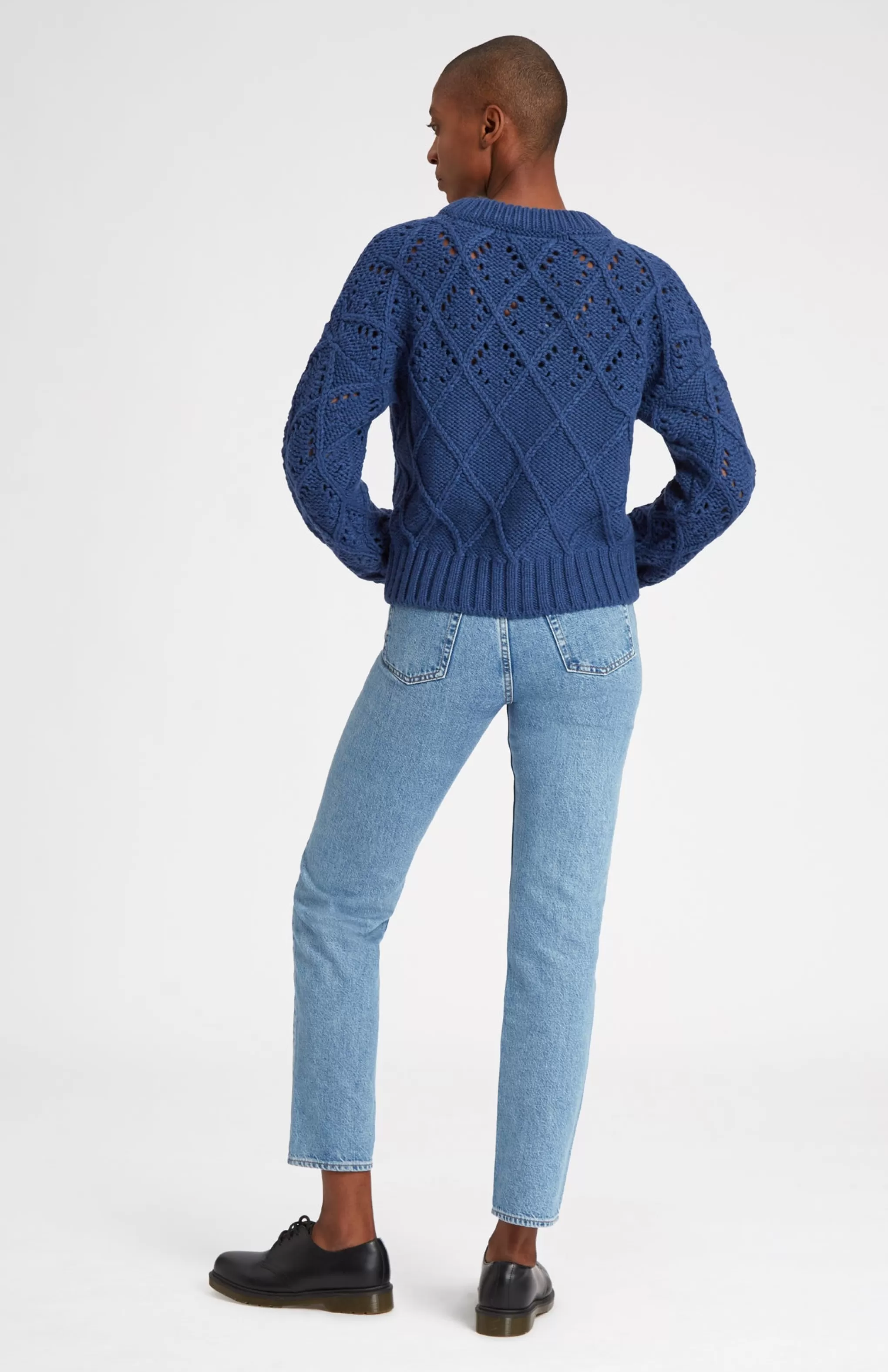 Clearance Superfine Wool Jumper With Allover Diamond Pattern In Storm Blue Men/Women Heavy Weight Knits