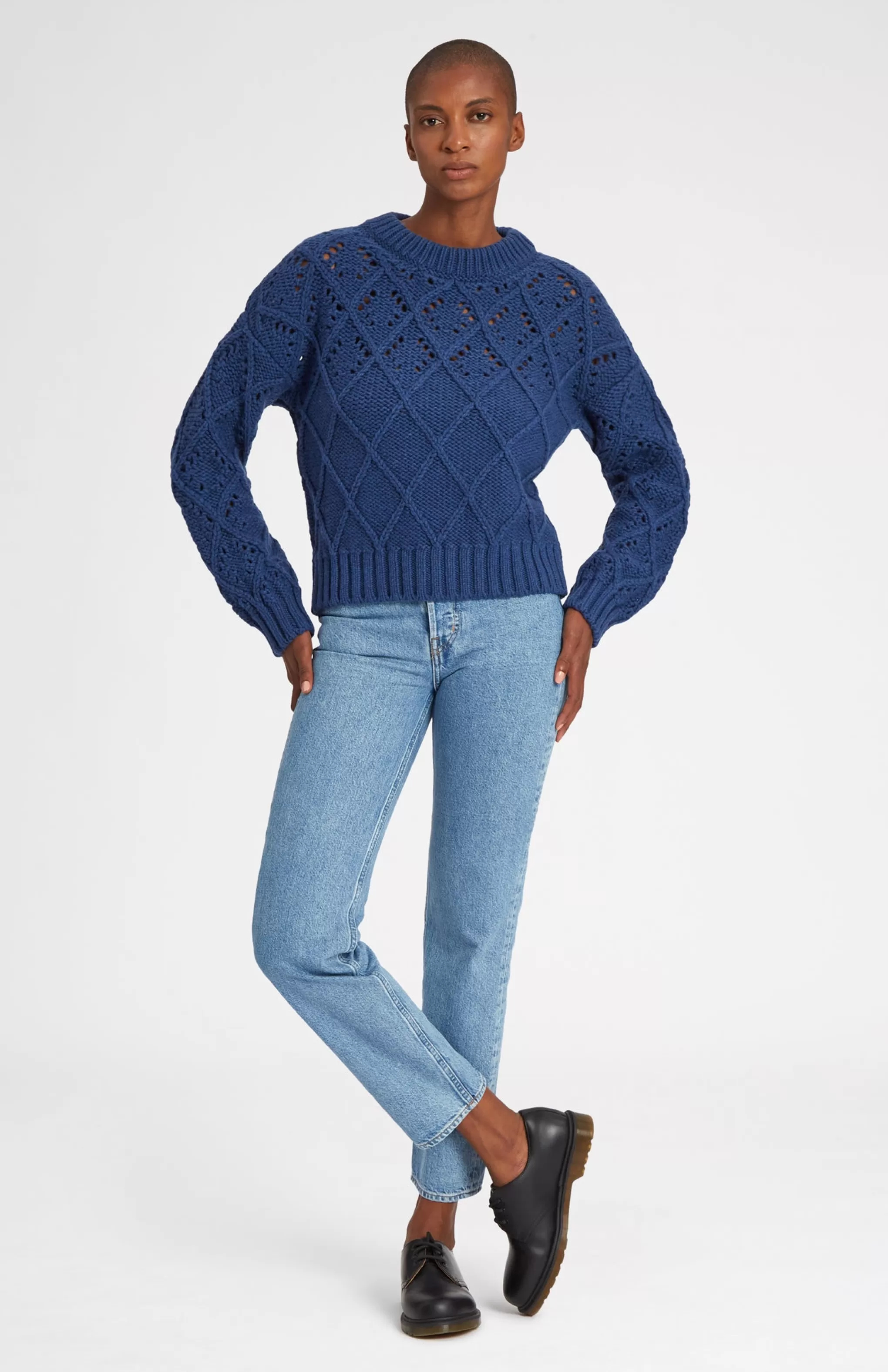 Best Superfine Wool Jumper With Allover Diamond Pattern In Storm Blue Men/Women Made in Scotland