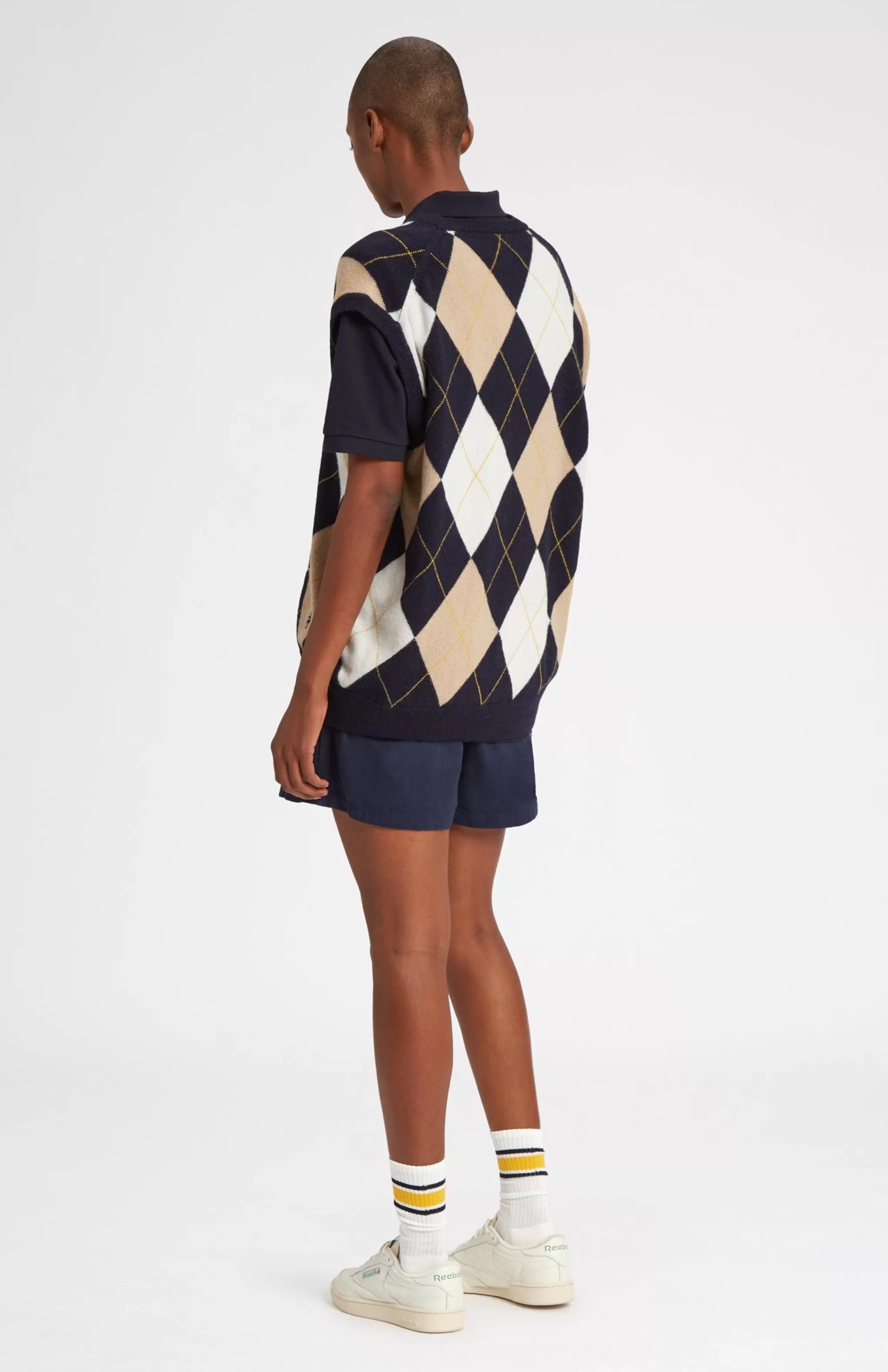 Shop Unisex Allover Argyle Heritage Golf Sleeveless Jumper In Navy And Camel Men V Neck Knits