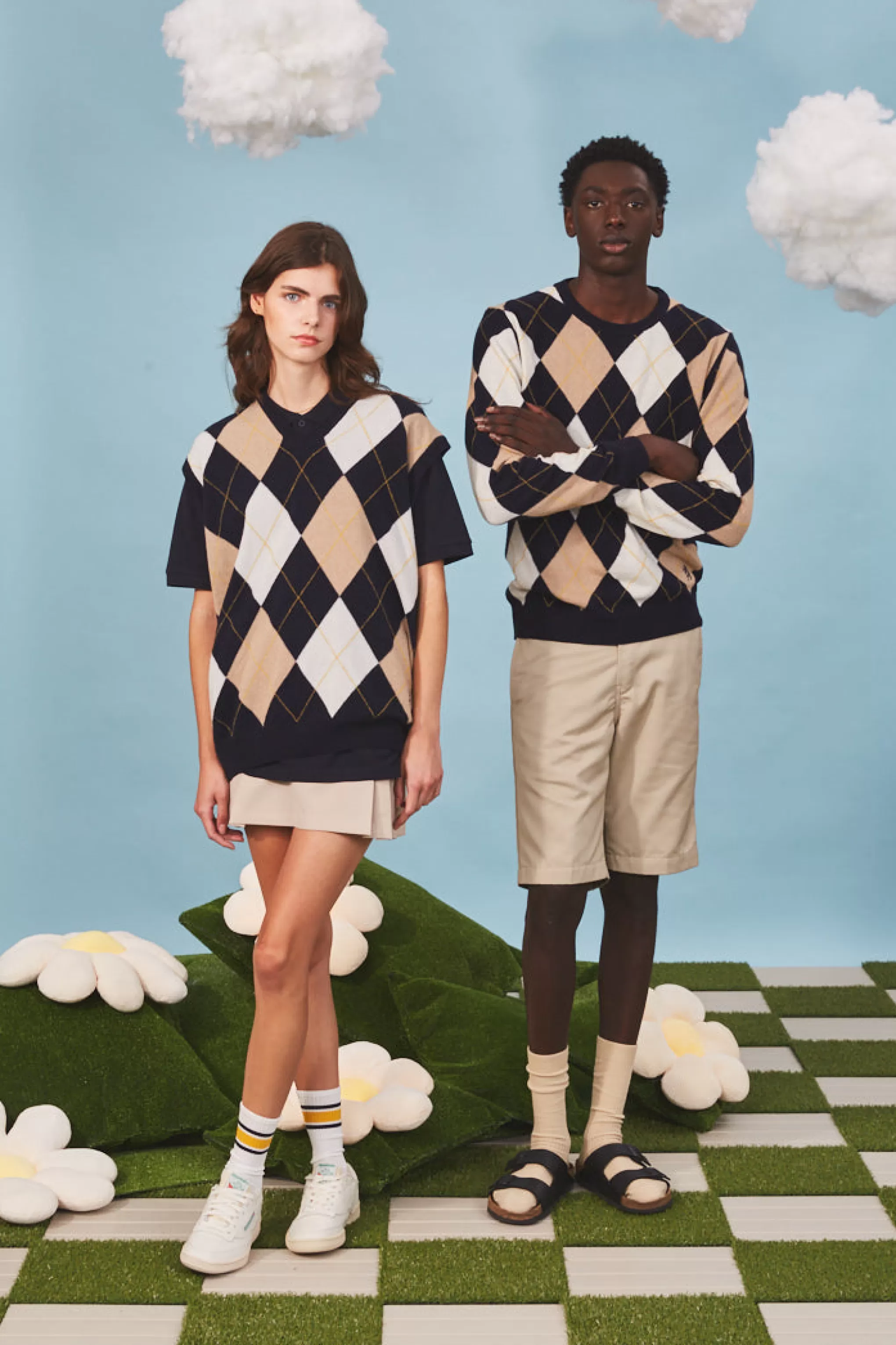 Outlet Unisex Allover Argyle Heritage Golf Sleeveless Jumper In Navy And Camel Men Argyle