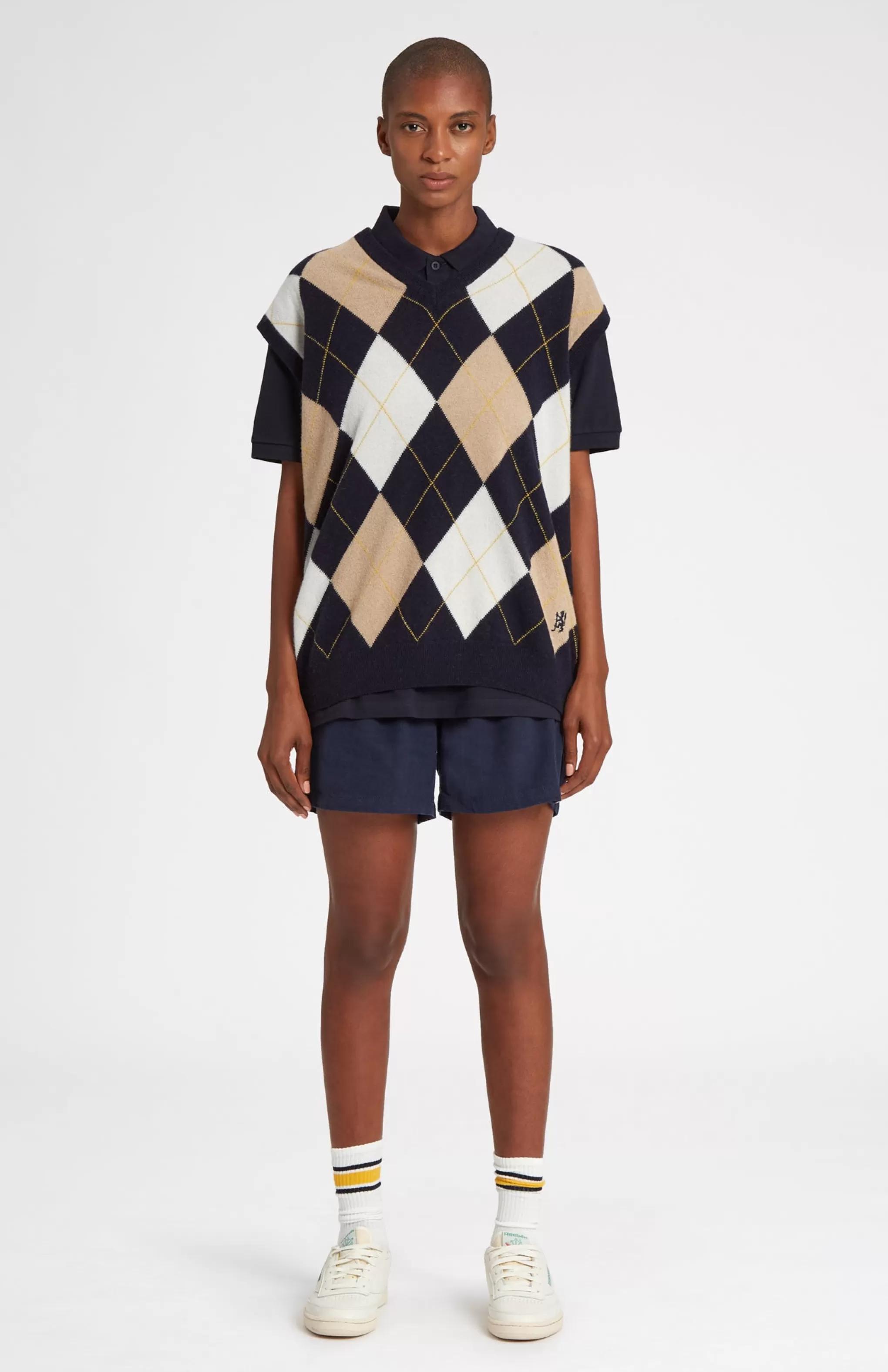 Outlet Unisex Allover Argyle Heritage Golf Sleeveless Jumper In Navy And Camel Men Argyle