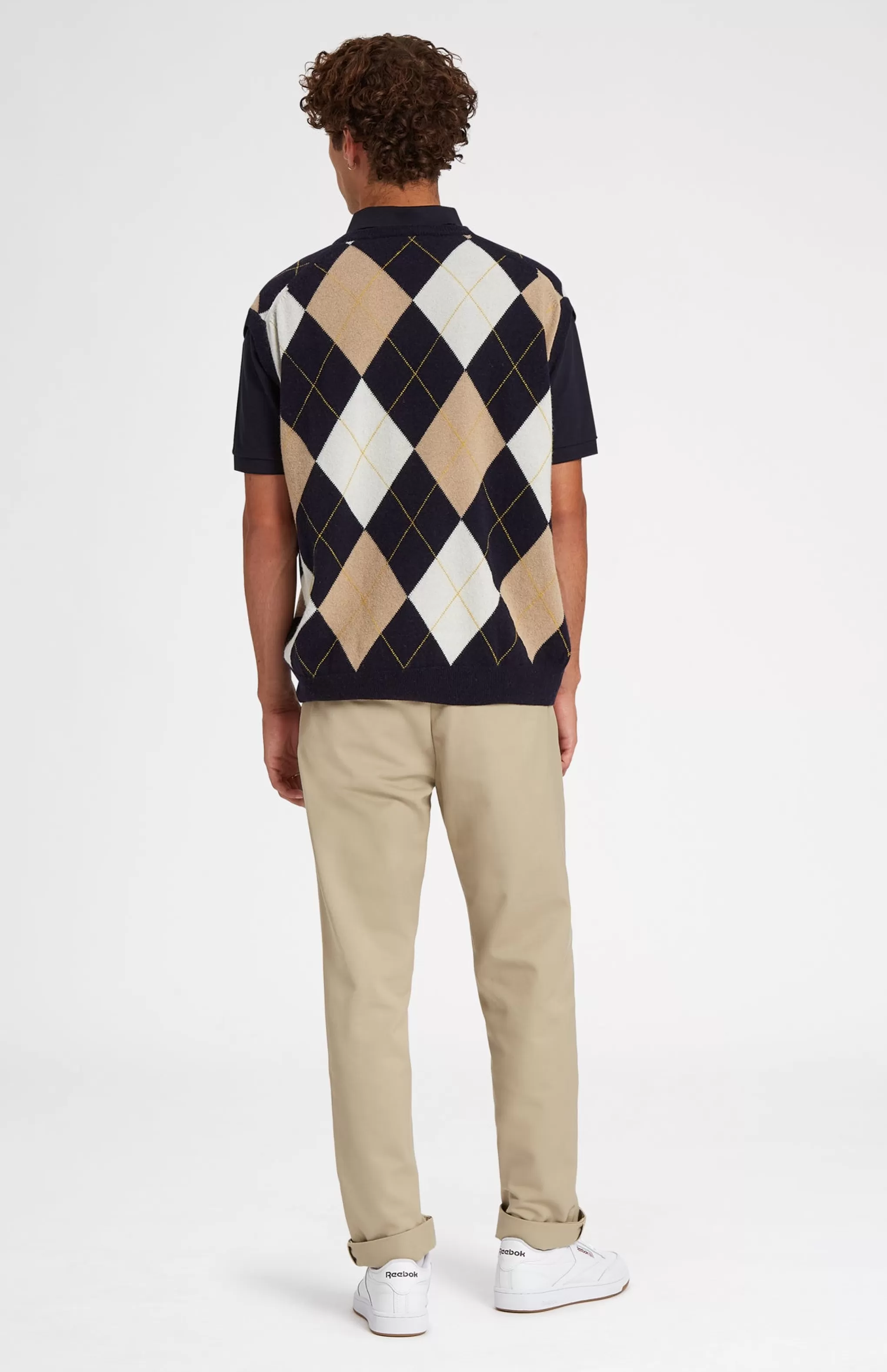 Shop Unisex Allover Argyle Heritage Golf Sleeveless Jumper In Navy And Camel Men/Women Vests