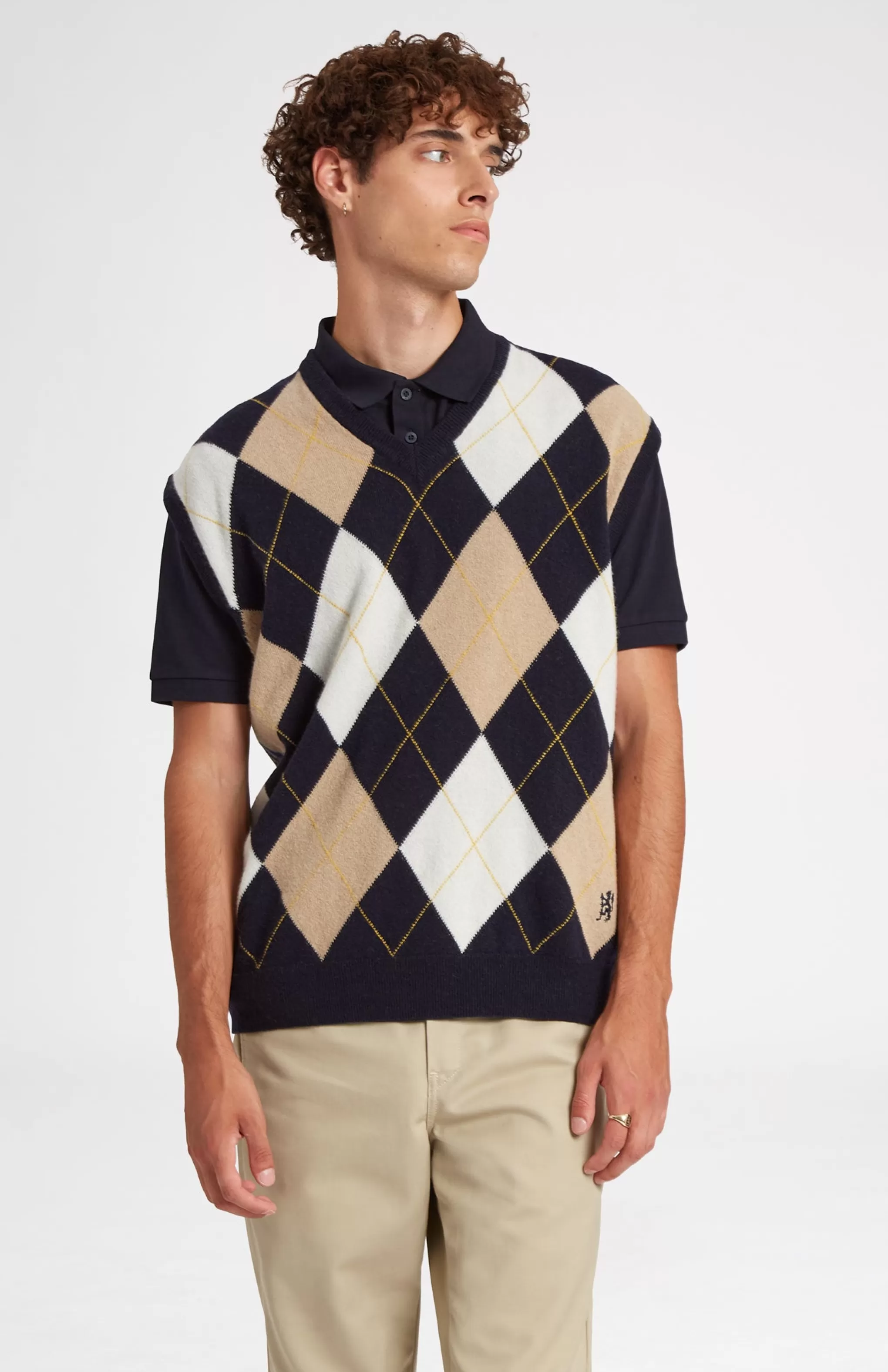 Sale Unisex Allover Argyle Heritage Golf Sleeveless Jumper In Navy And Camel Men/Women V Neck Knits