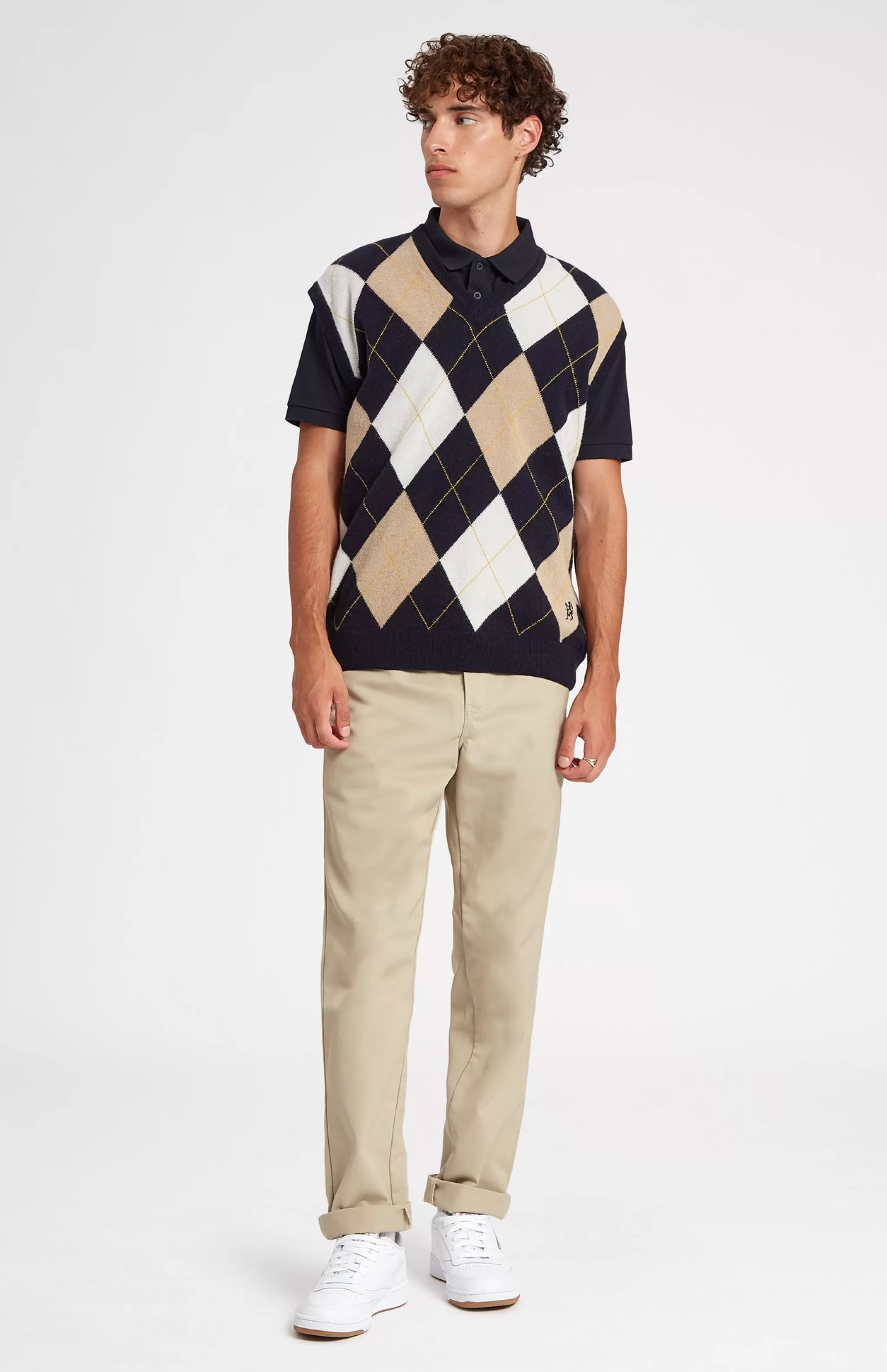 Sale Unisex Allover Argyle Heritage Golf Sleeveless Jumper In Navy And Camel Men Pringle Heritage Unisex Collections