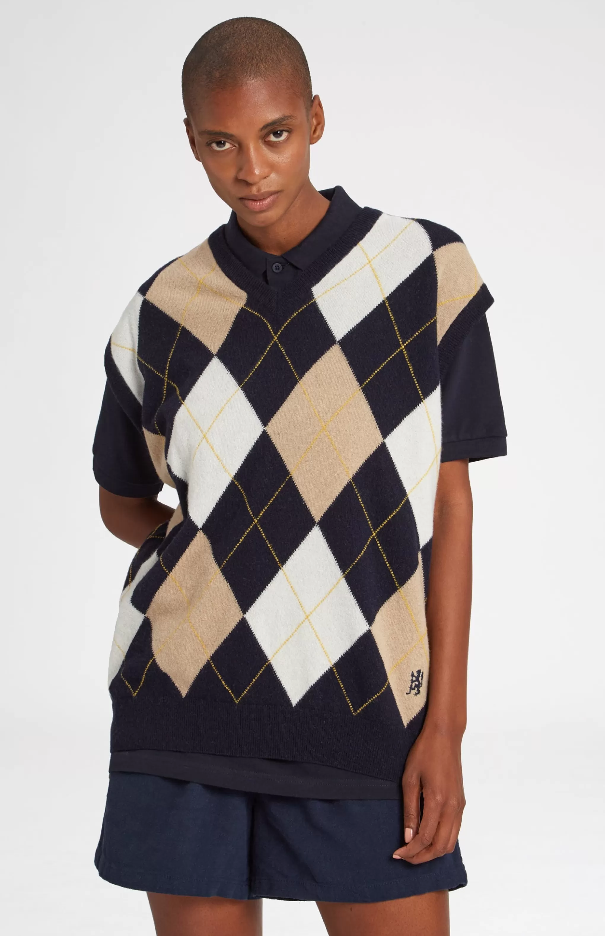 Sale Unisex Allover Argyle Heritage Golf Sleeveless Jumper In Navy And Camel Men Pringle Heritage Unisex Collections