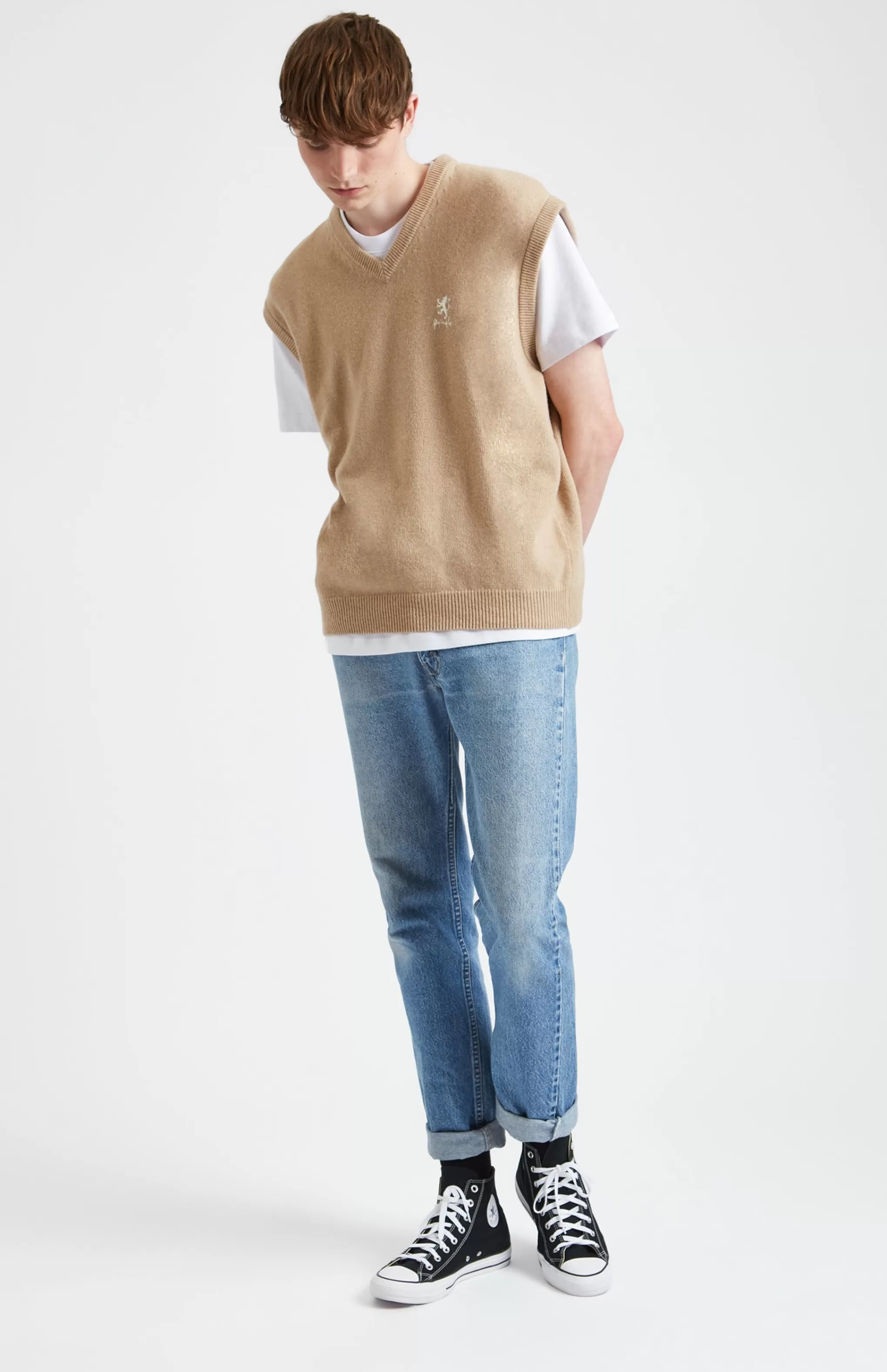 Flash Sale Unisex Archive Lambswool Blend Vest In Camel Men V Neck Knits
