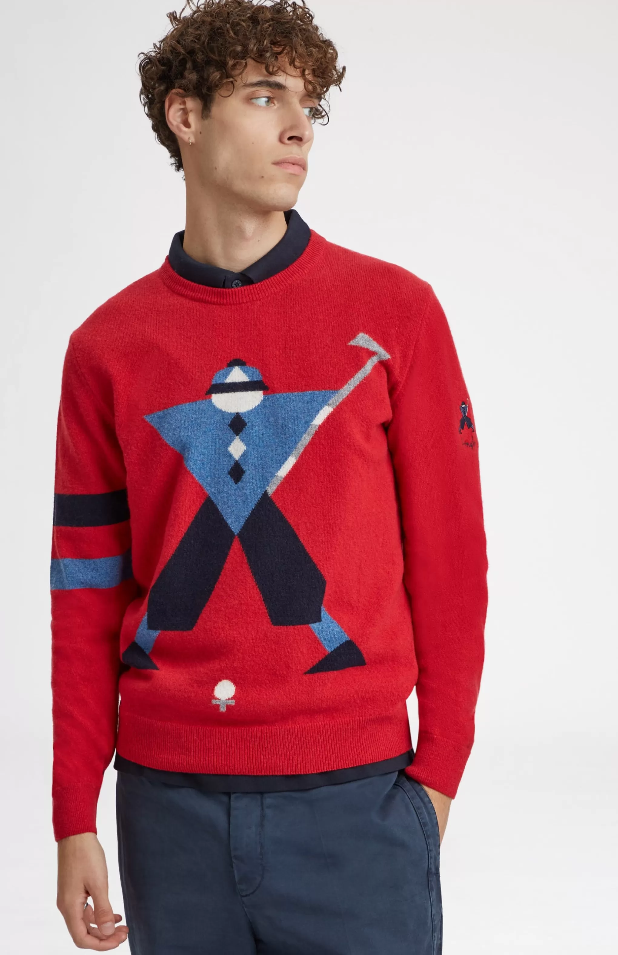 Sale Unisex Round Neck Geometric George Golf Jumper In Red. Men Pringle Heritage Unisex Collections