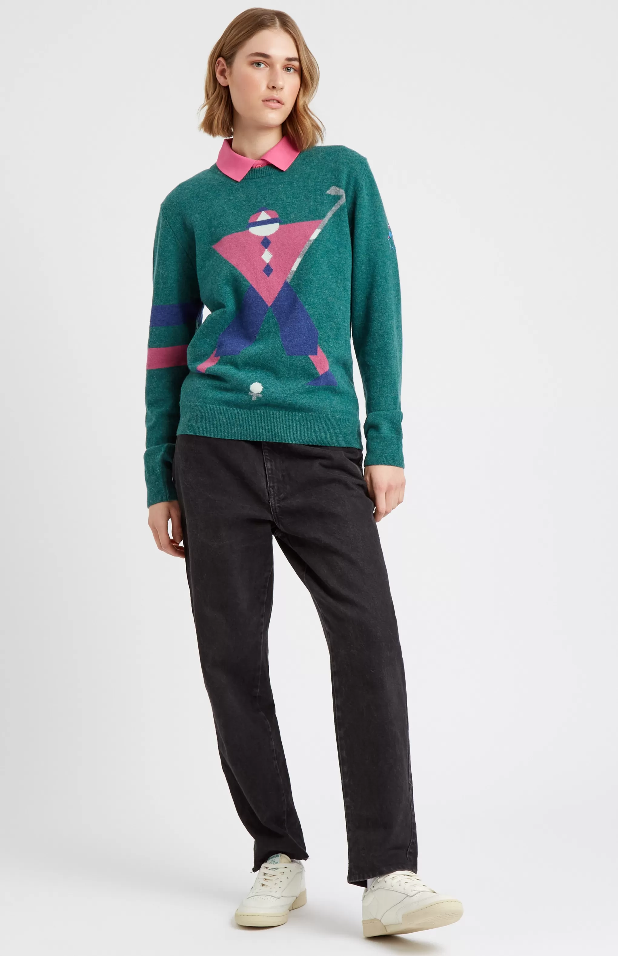 Shop Unisex Round Neck Geometric George Golf Jumper In Teal Men Pringle Heritage Unisex Collections