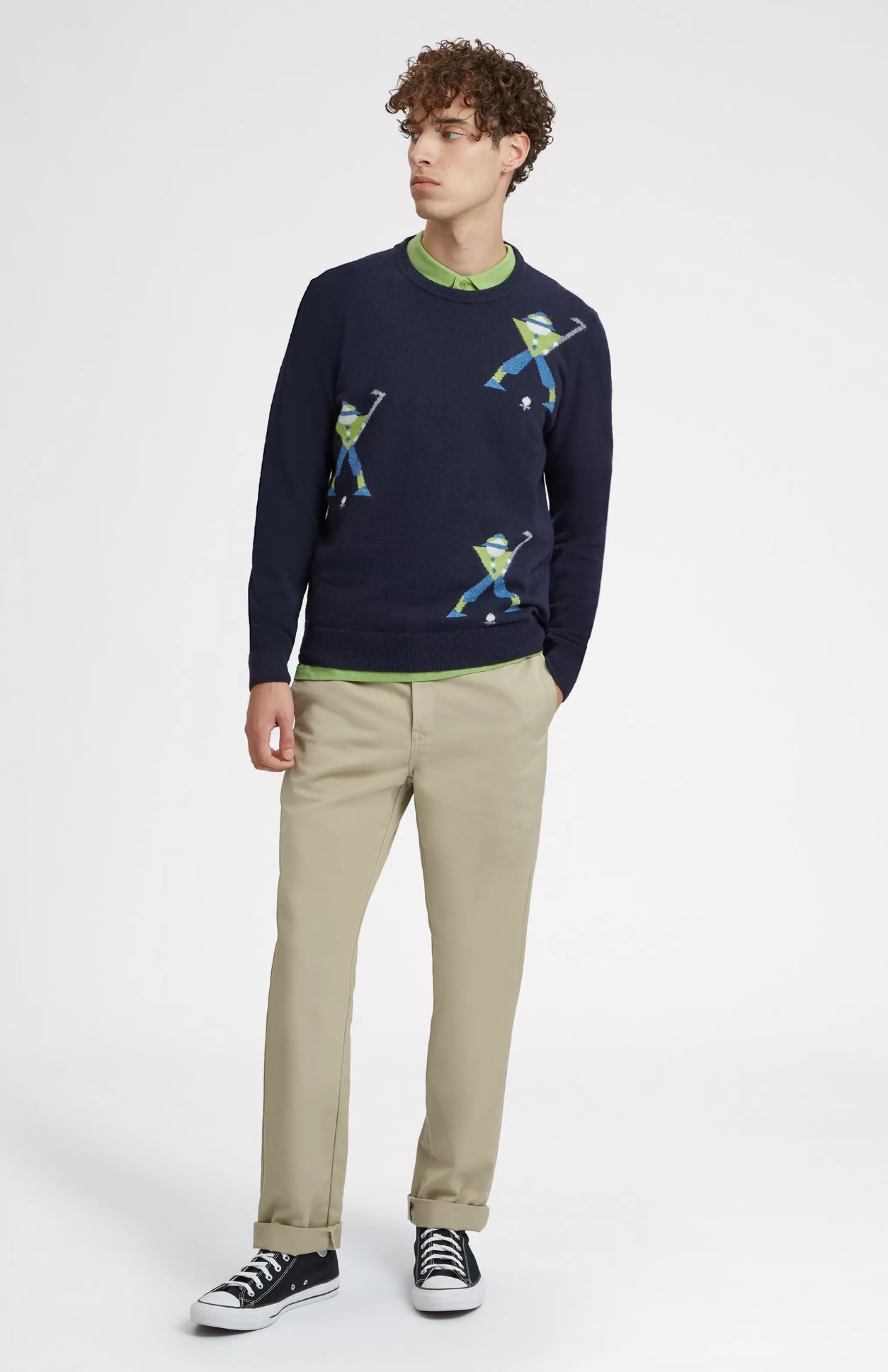 Best Sale Unisex Round Neck Multi Geometric George Golf Jumper In Navy. Men Jumpers