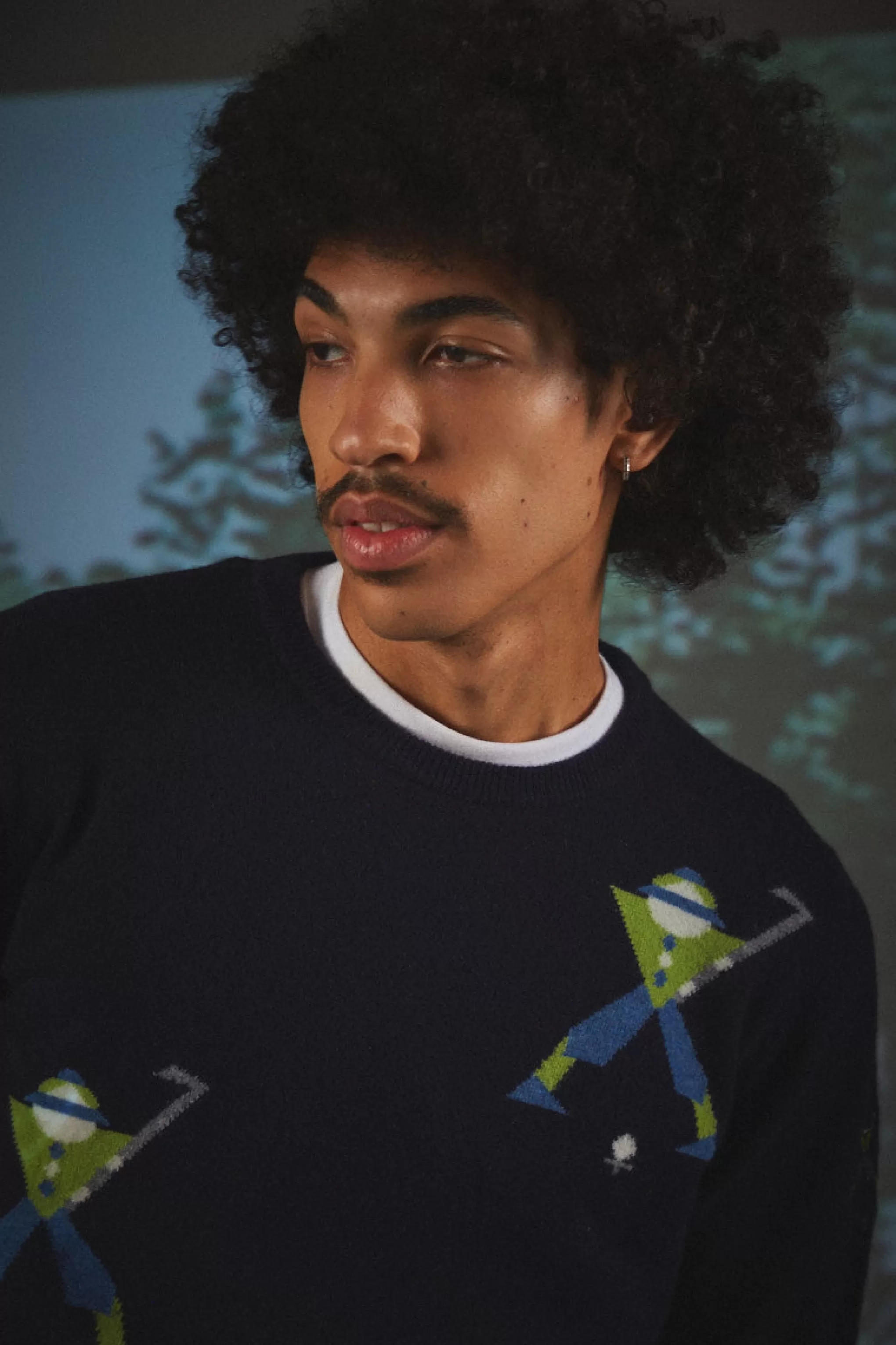 Best Sale Unisex Round Neck Multi Geometric George Golf Jumper In Navy. Men Jumpers