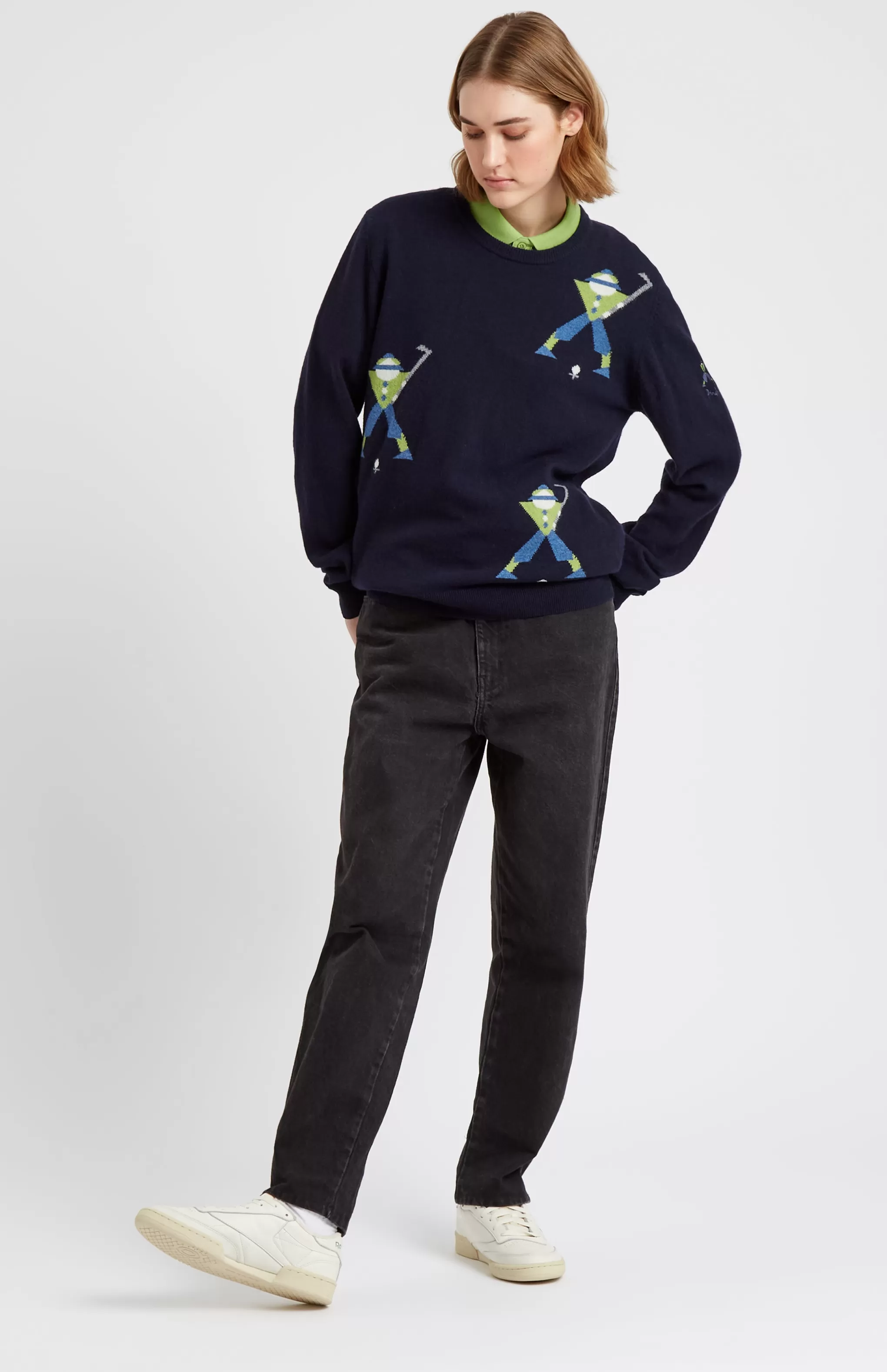 Best Sale Unisex Round Neck Multi Geometric George Golf Jumper In Navy. Men Jumpers