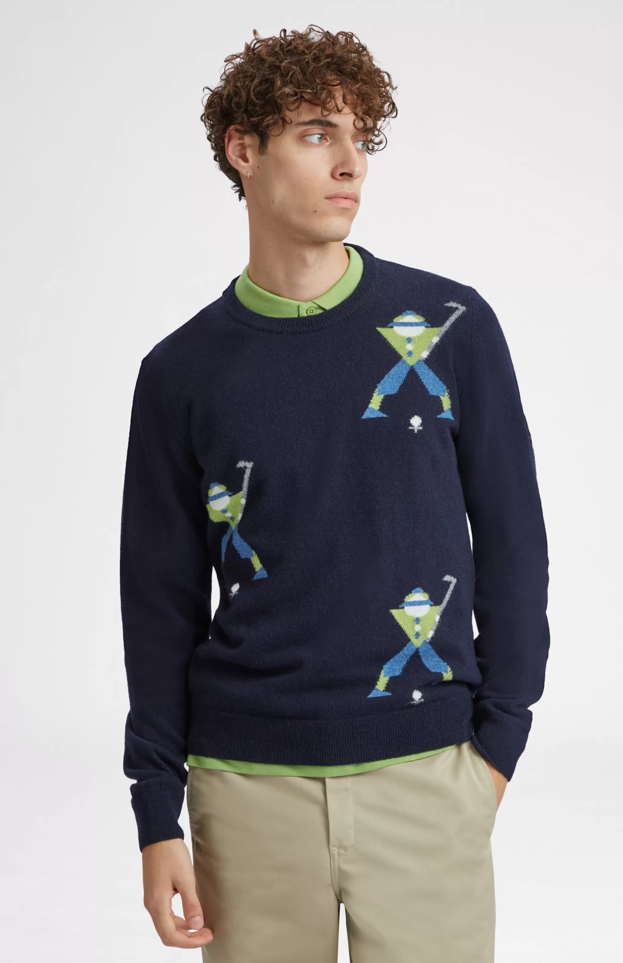 Best Sale Unisex Round Neck Multi Geometric George Golf Jumper In Navy. Men Jumpers