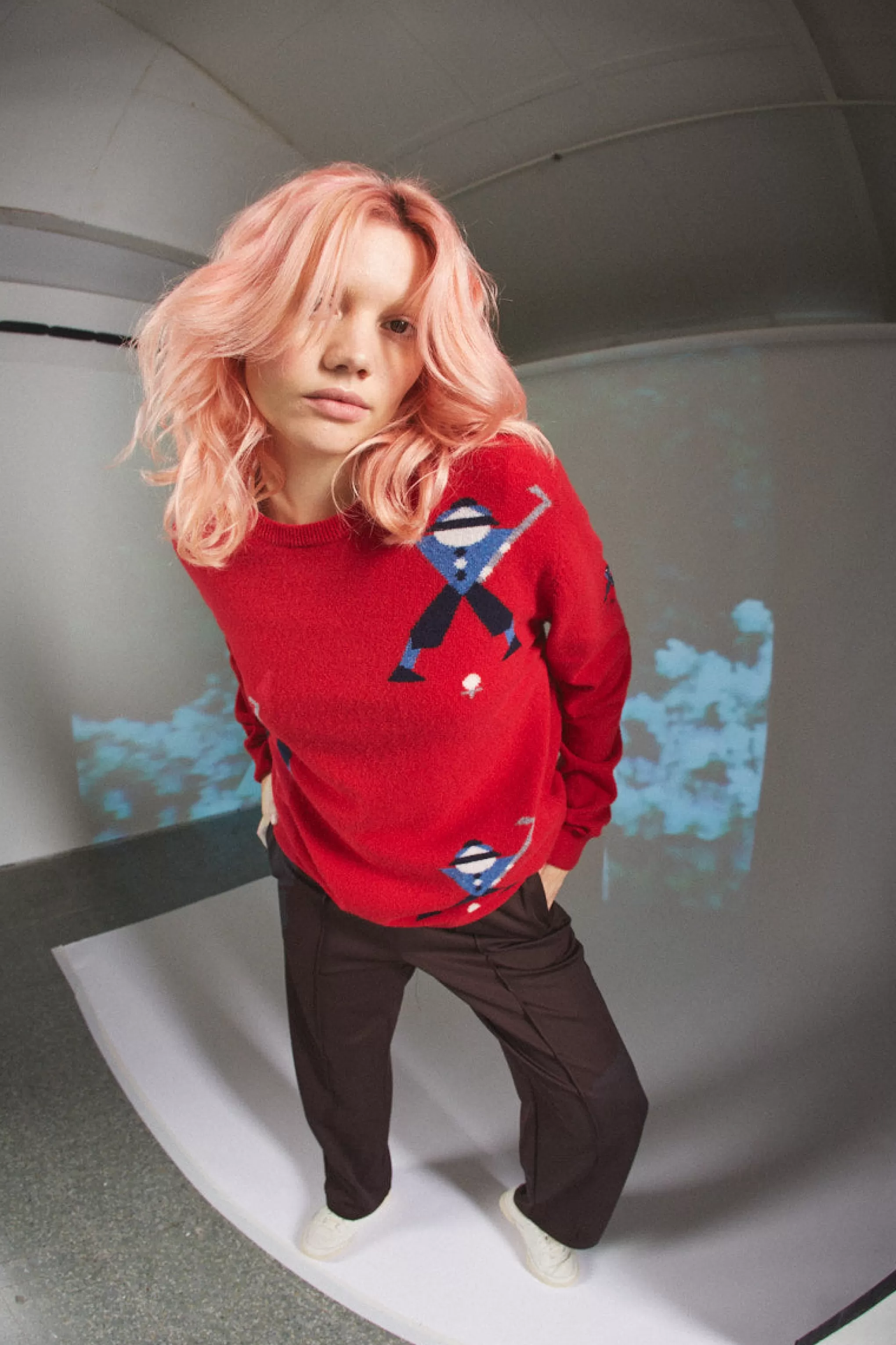 Best Unisex Round Neck Multi Geometric George Golf Jumper In Red. Men Jumpers