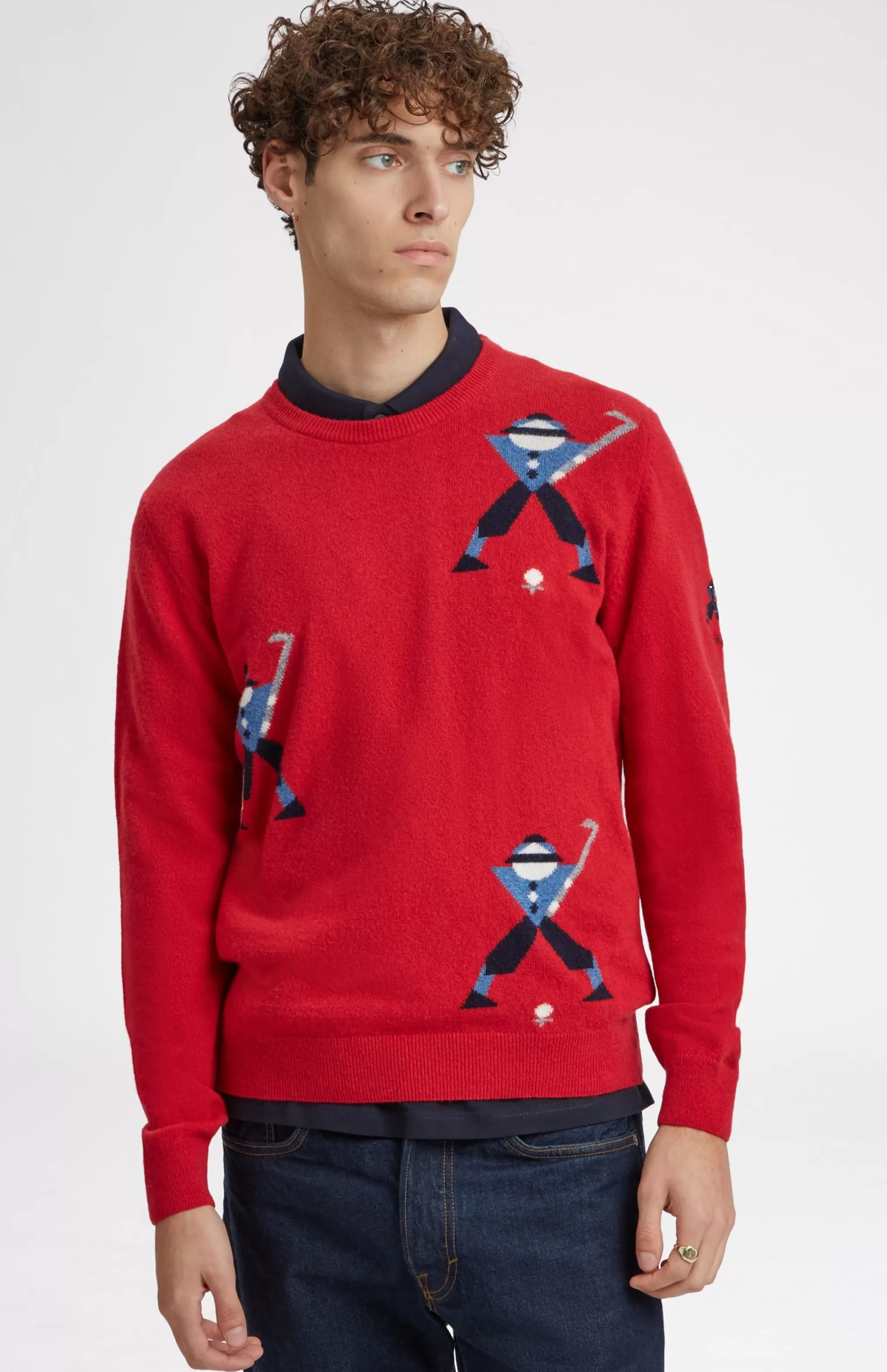 Best Unisex Round Neck Multi Geometric George Golf Jumper In Red. Men Jumpers