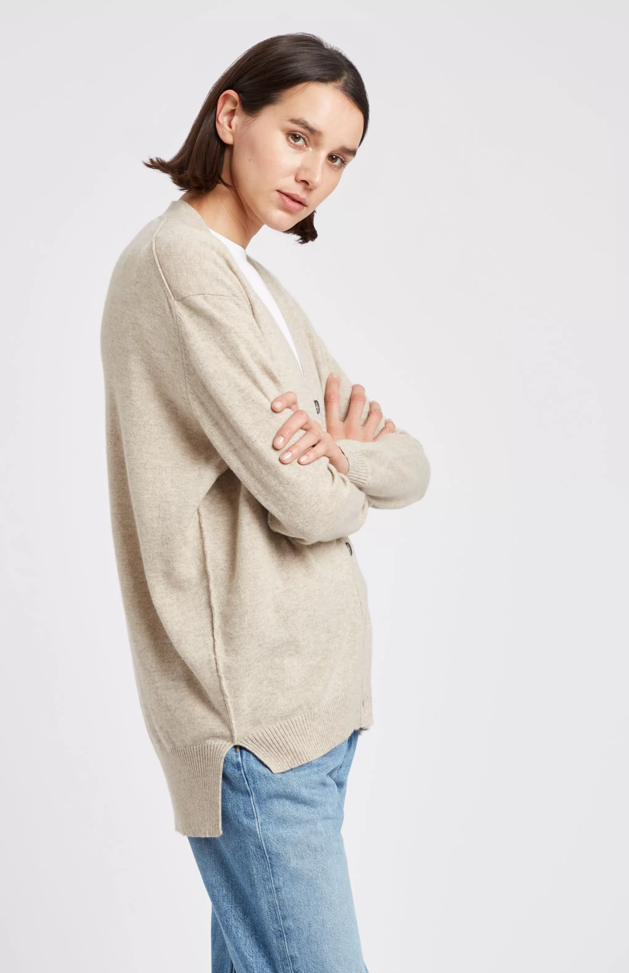 Discount V Neck Cashmere Cardigan  In Light Beige Melange Men/Women Medium Weight Knits