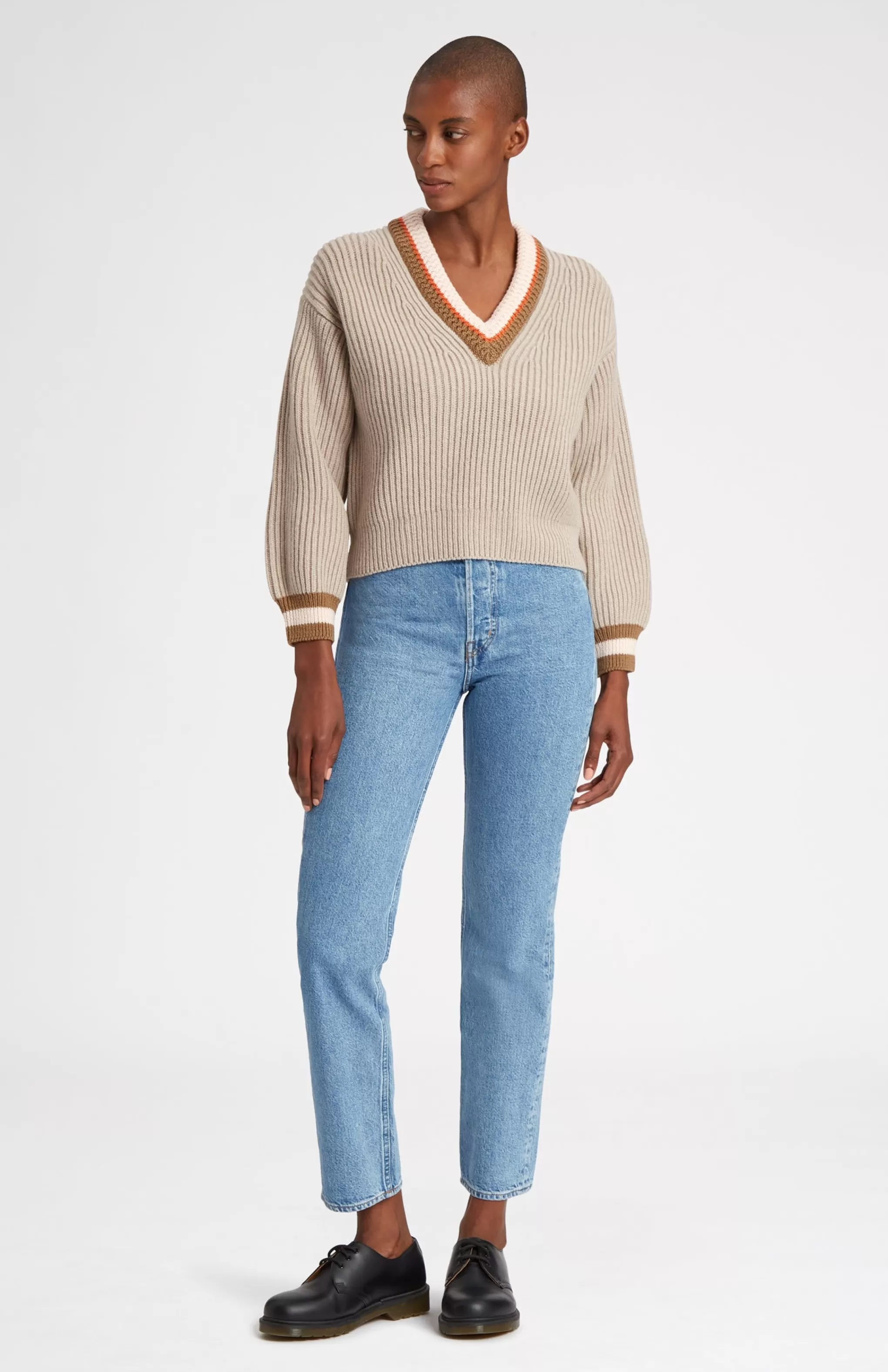 Best Sale V Neck Chunky Rib Jumper In Stone Melange Men/Women Heavy Weight Knits