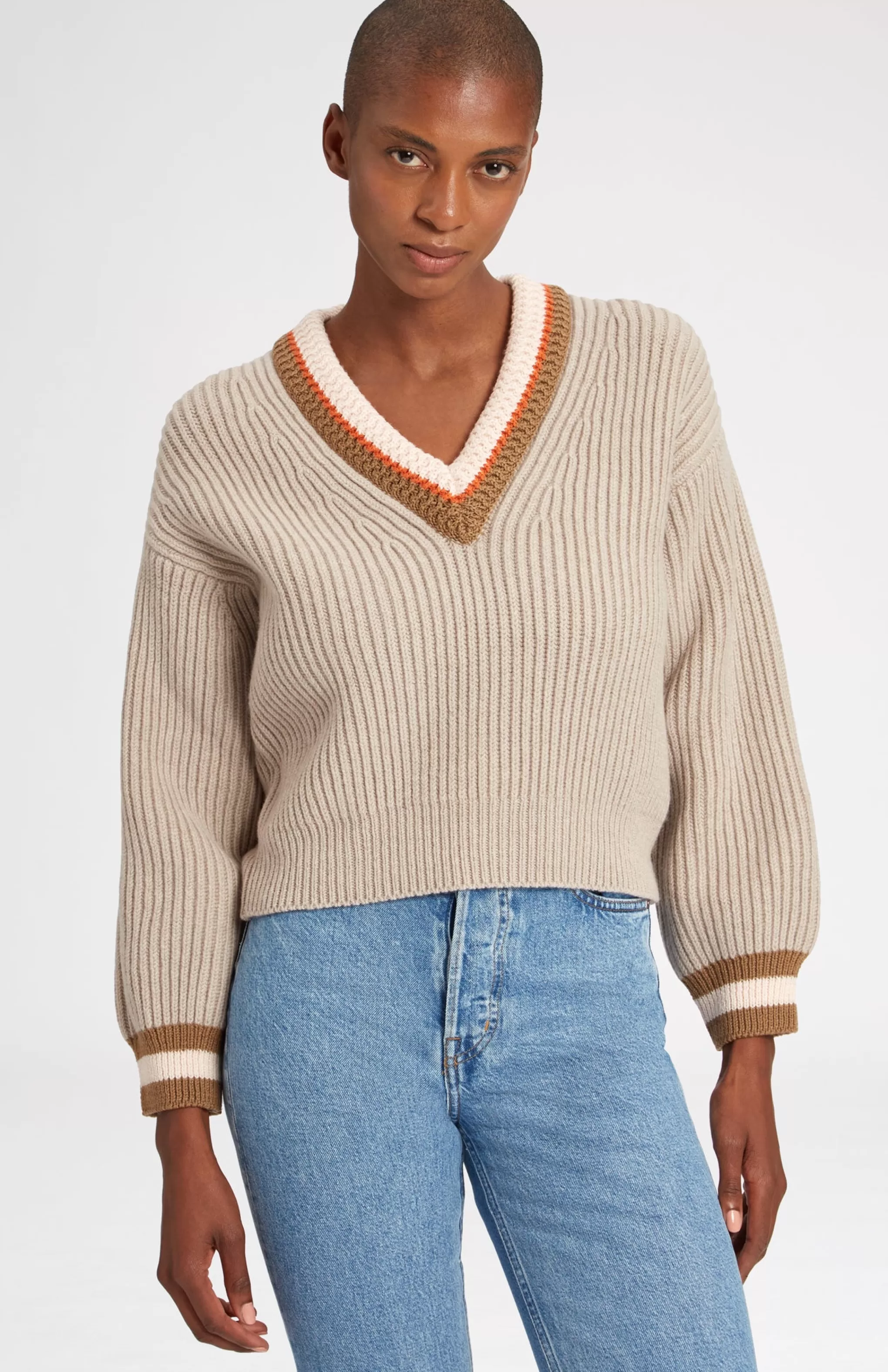 Best Sale V Neck Chunky Rib Jumper In Stone Melange Men/Women Heavy Weight Knits