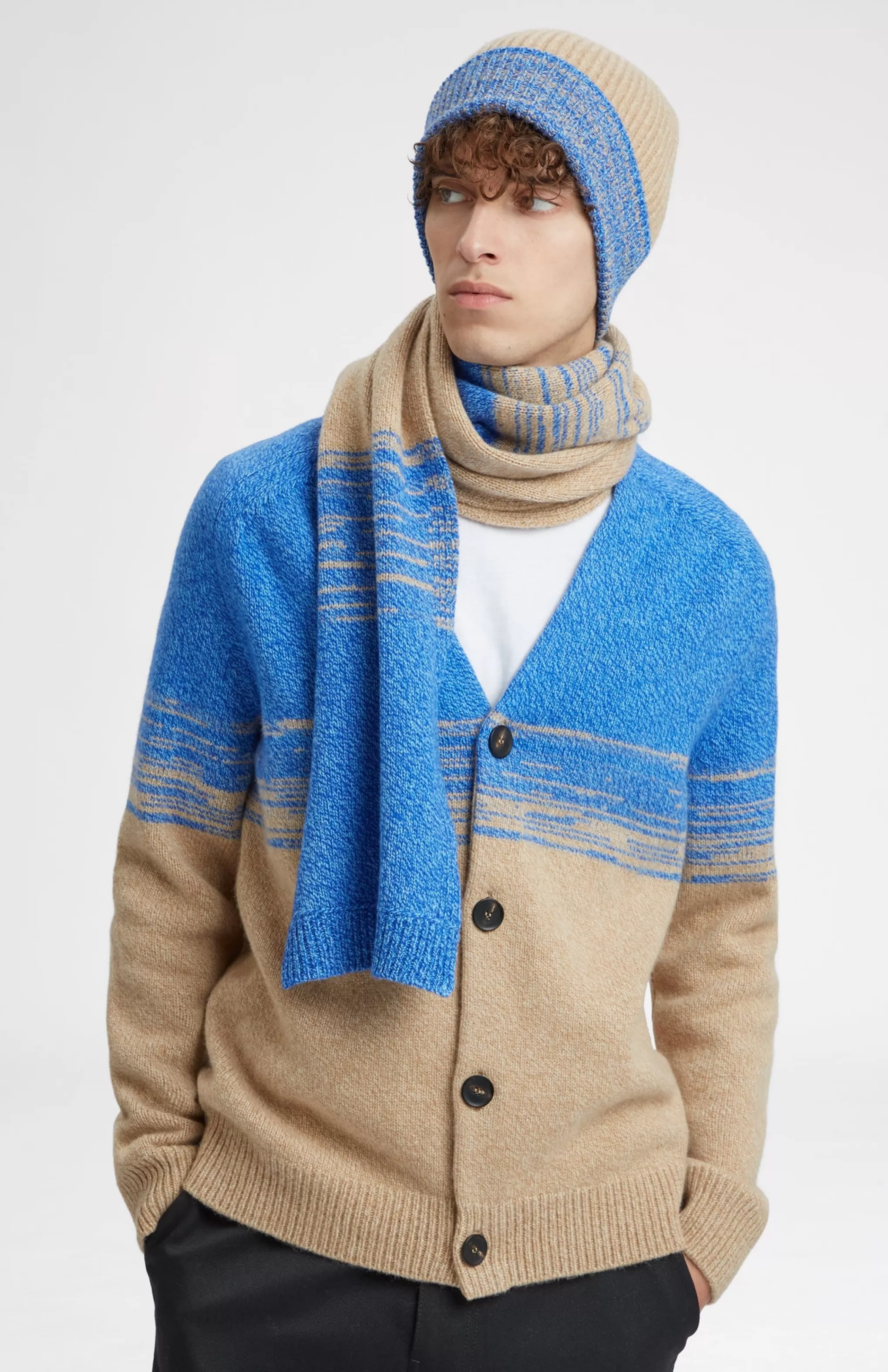 Best Sale V Neck Lambswool Cardigan With Degrade Effect In Cobalt And Camel Men V Neck Knits