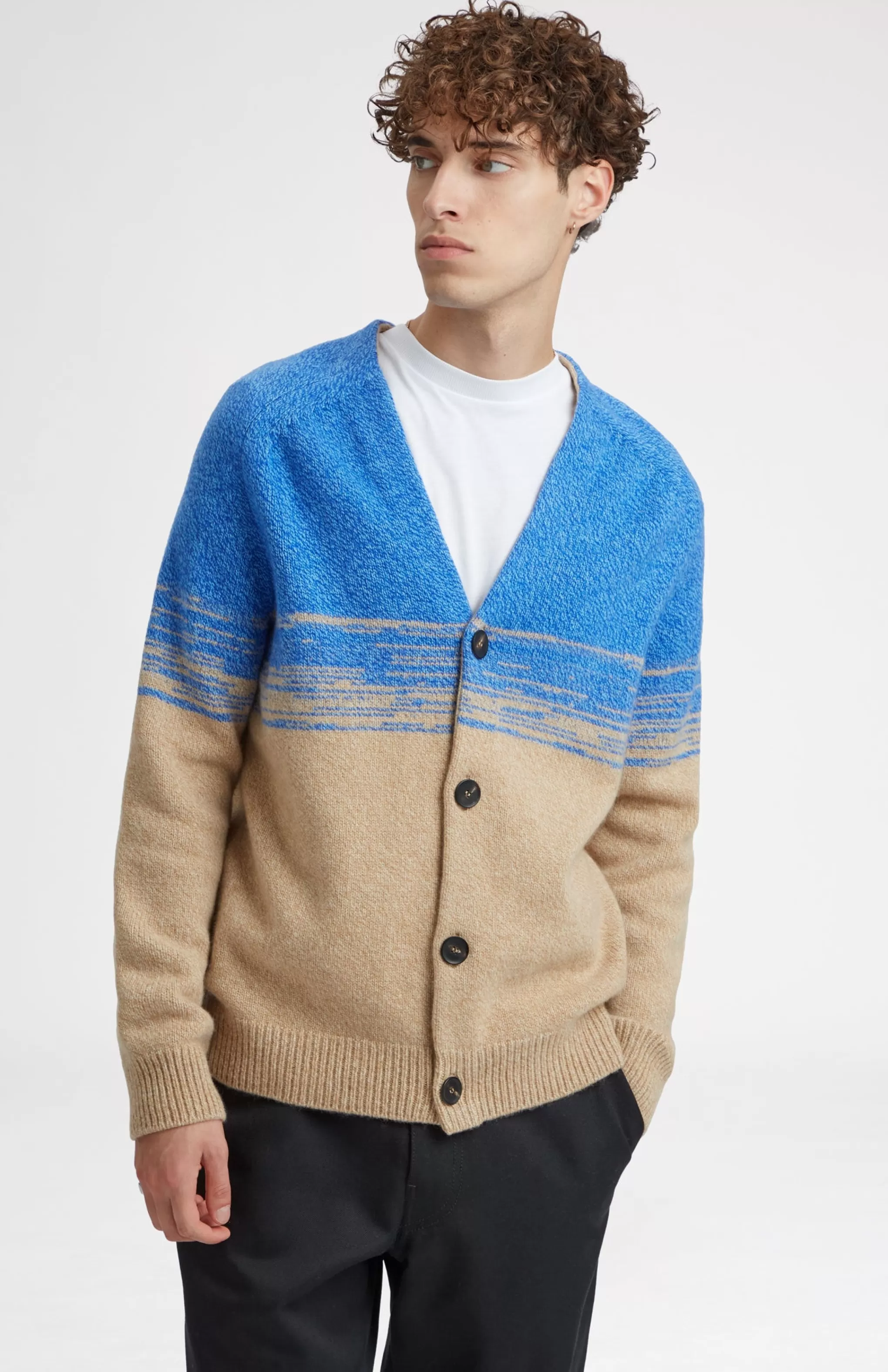 Flash Sale V Neck Lambswool Cardigan With Degrade Effect In Cobalt And Camel Men Heavy Weight Knits