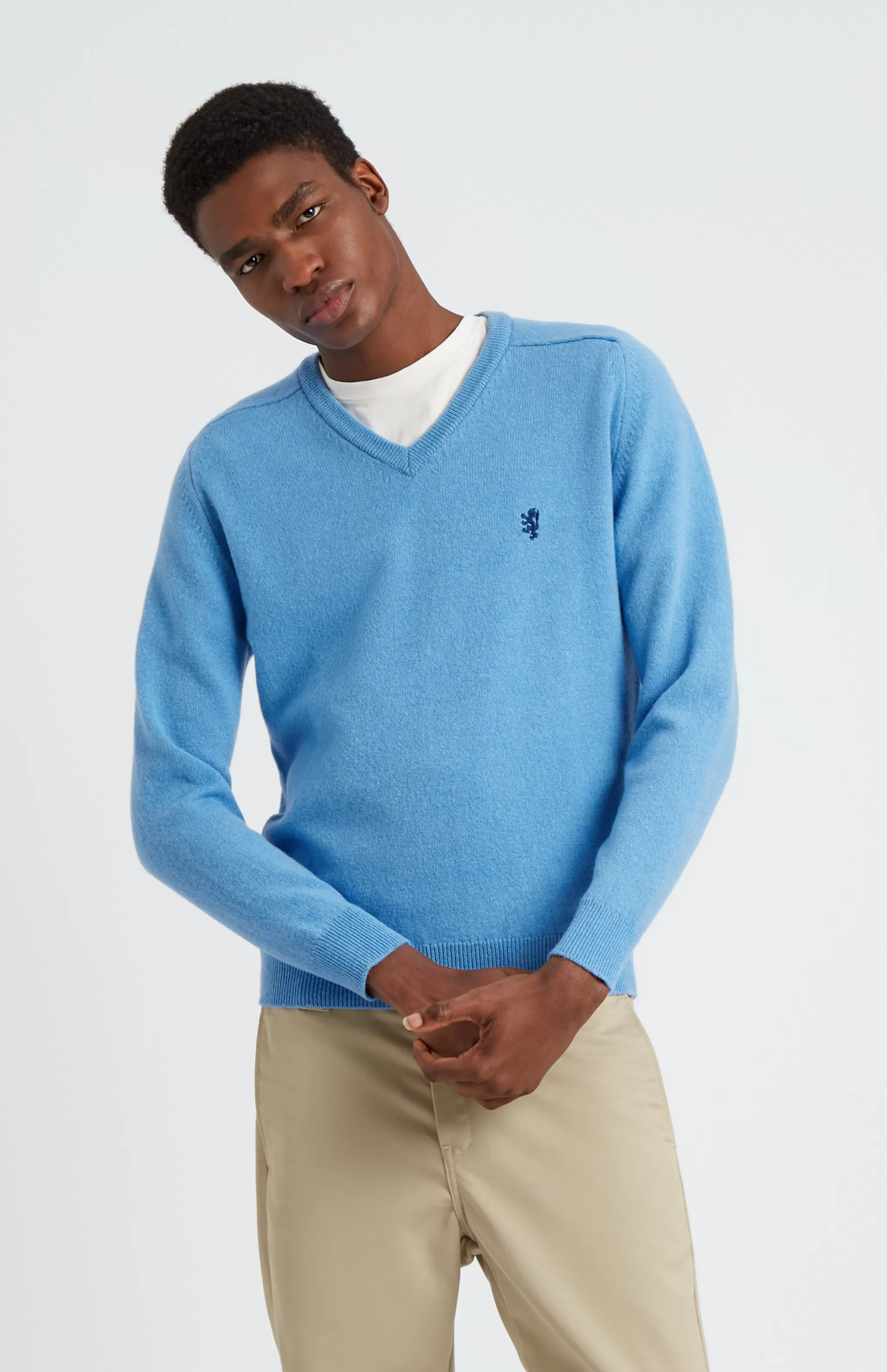 New V Neck Lion Lambswool Jumper In Azure / Ink Men Best Sellers