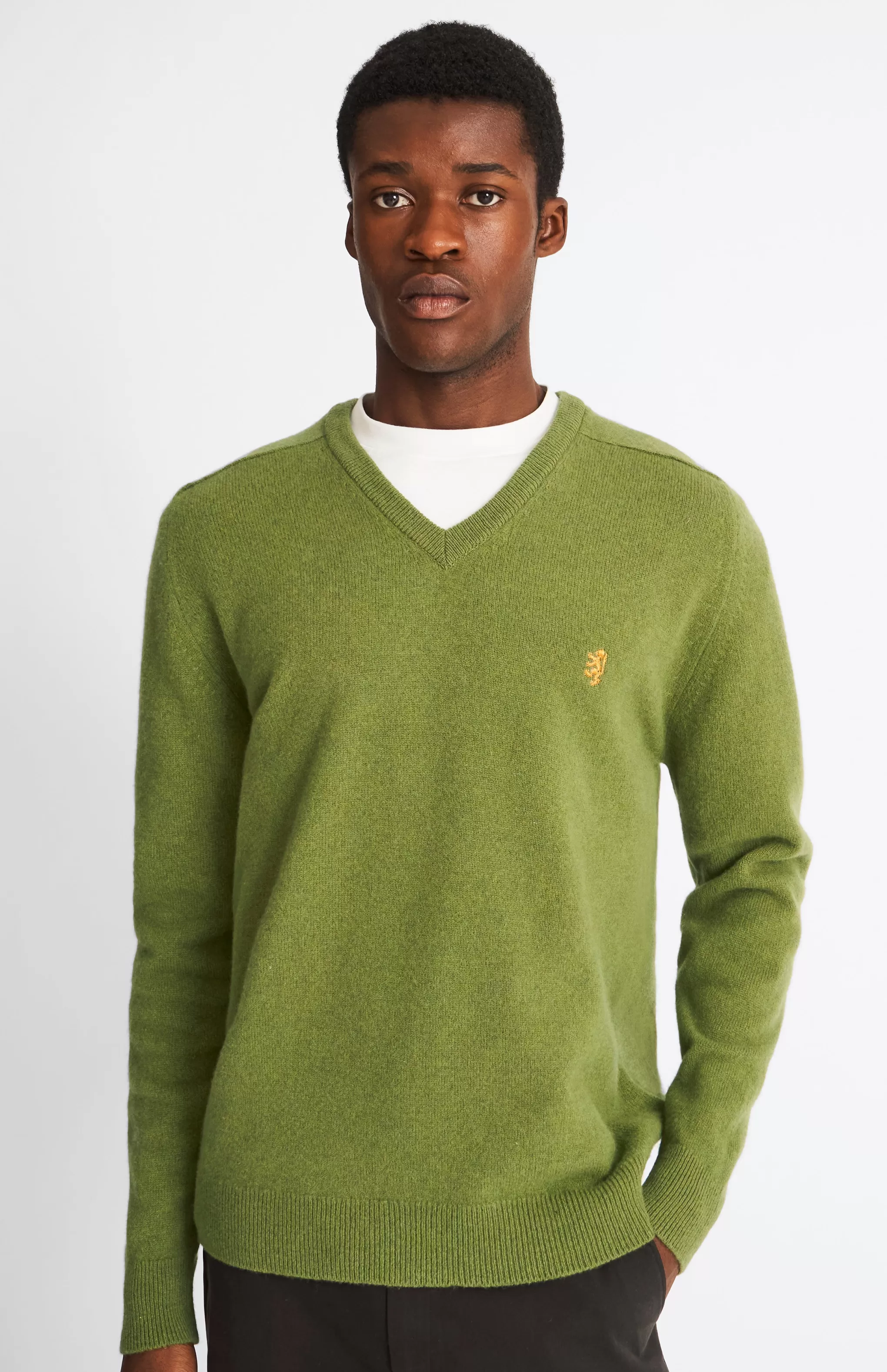 Flash Sale V Neck Lion Lambswool Jumper In Mineral Green / Mustard Sand Men V Neck Knits
