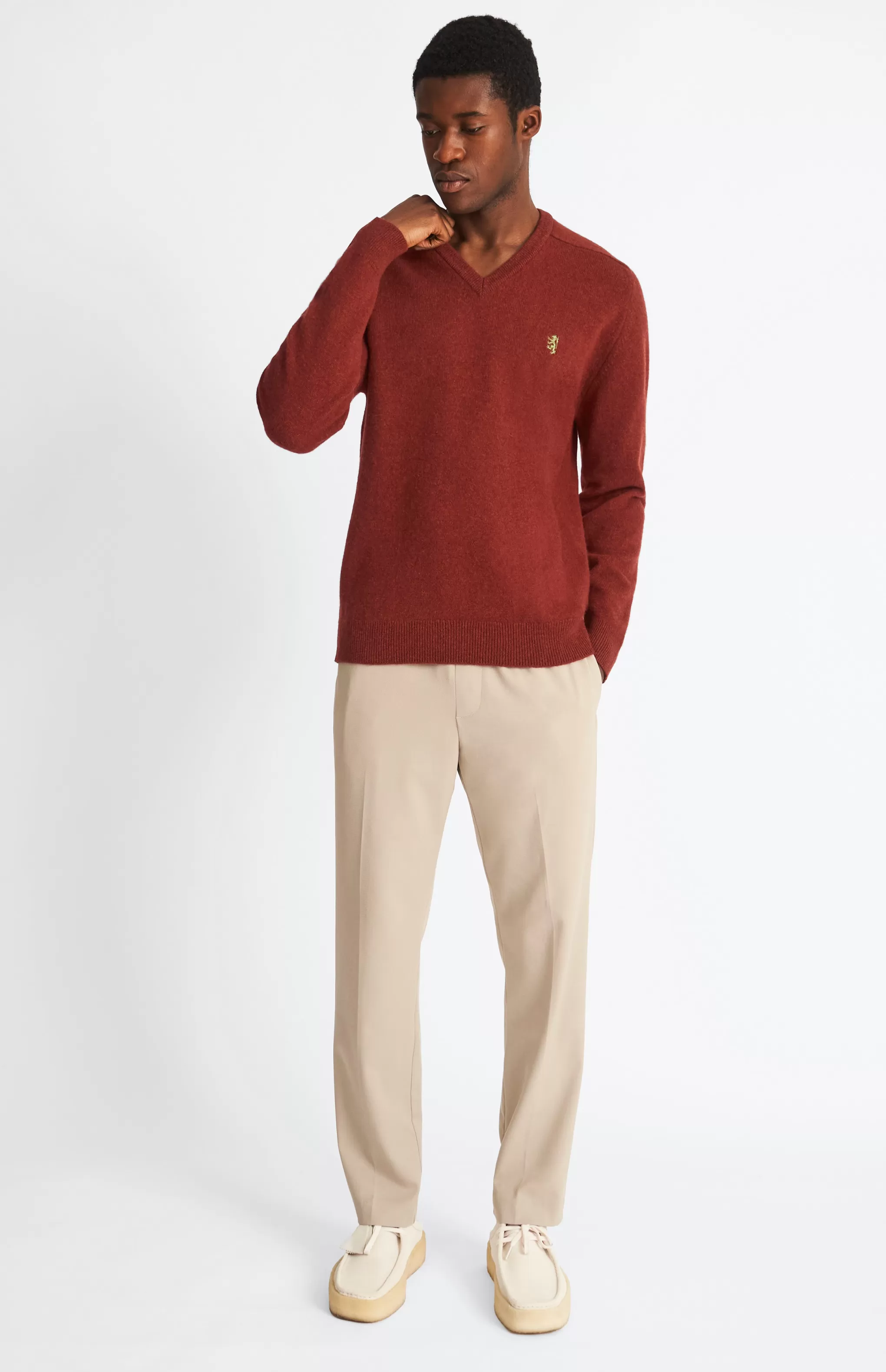 Shop V Neck Lion Lambswool Jumper In Red Rust / Mineral Green Men Best Sellers