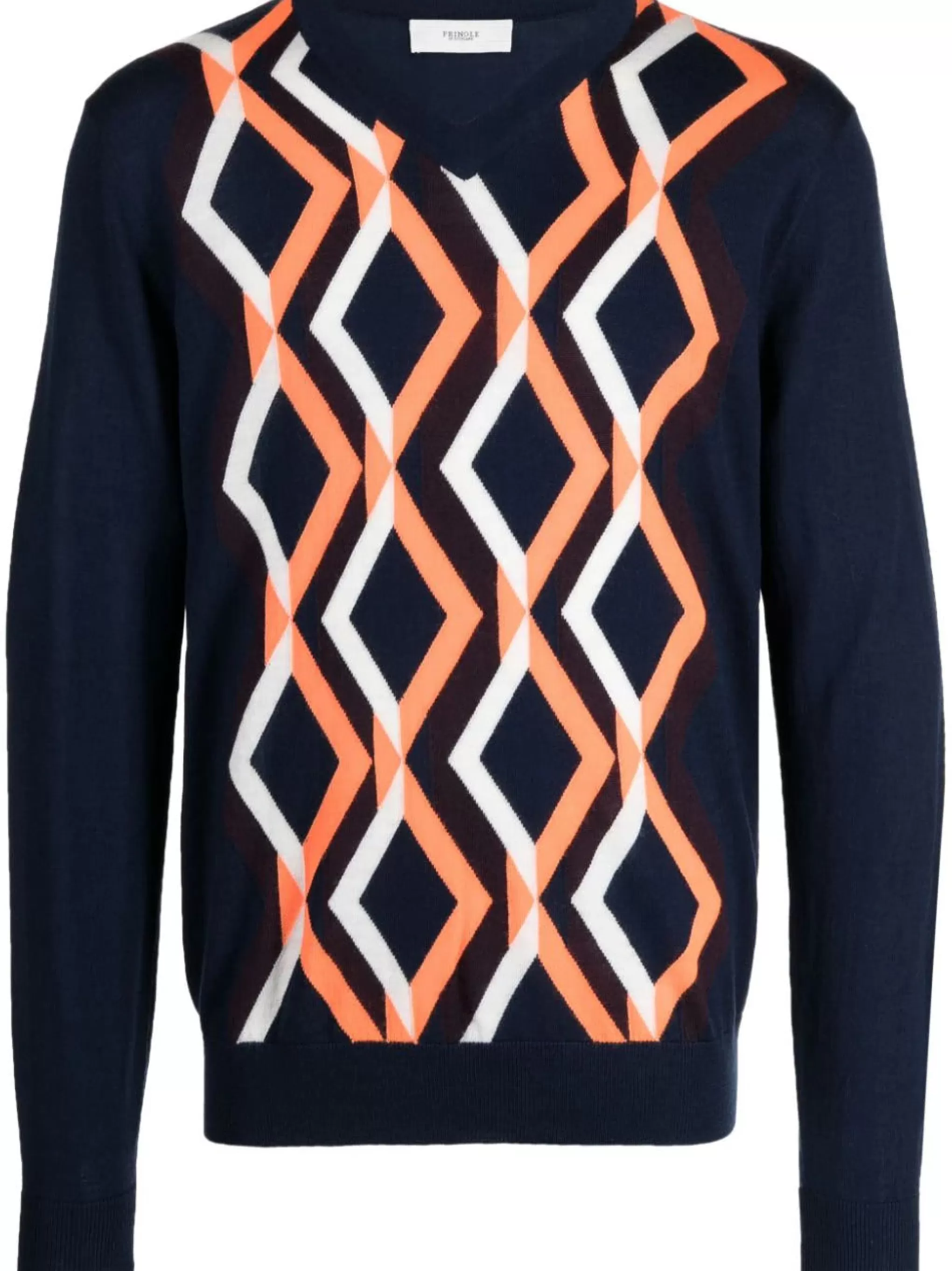 Discount V neck Merino Navy Jumper with Orange / White Argyle Men V Neck Knits