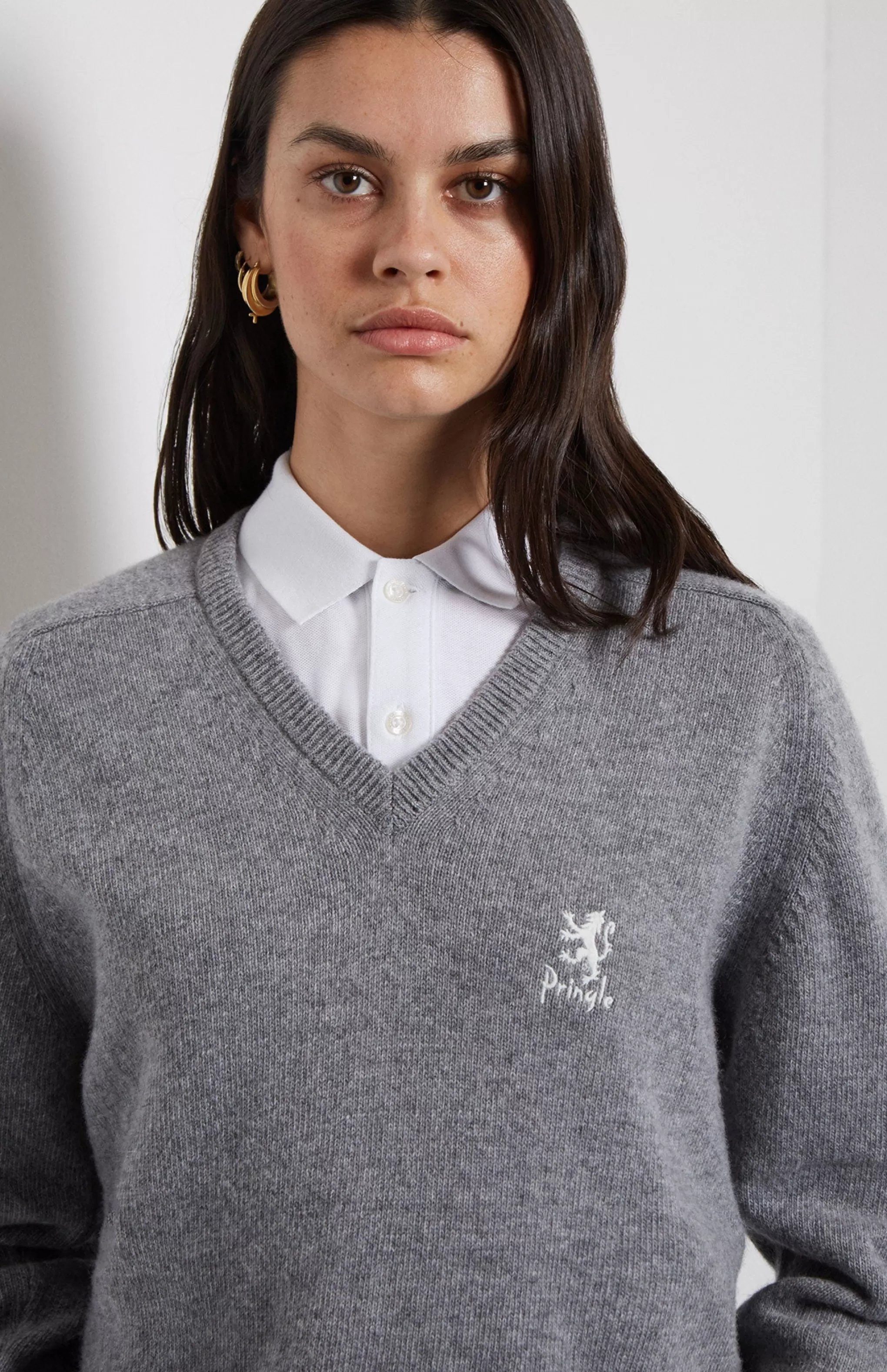 Clearance Women's Archive V Neck Lambswool Blend Jumper In Grey Marl Men/Women Medium Weight Knits