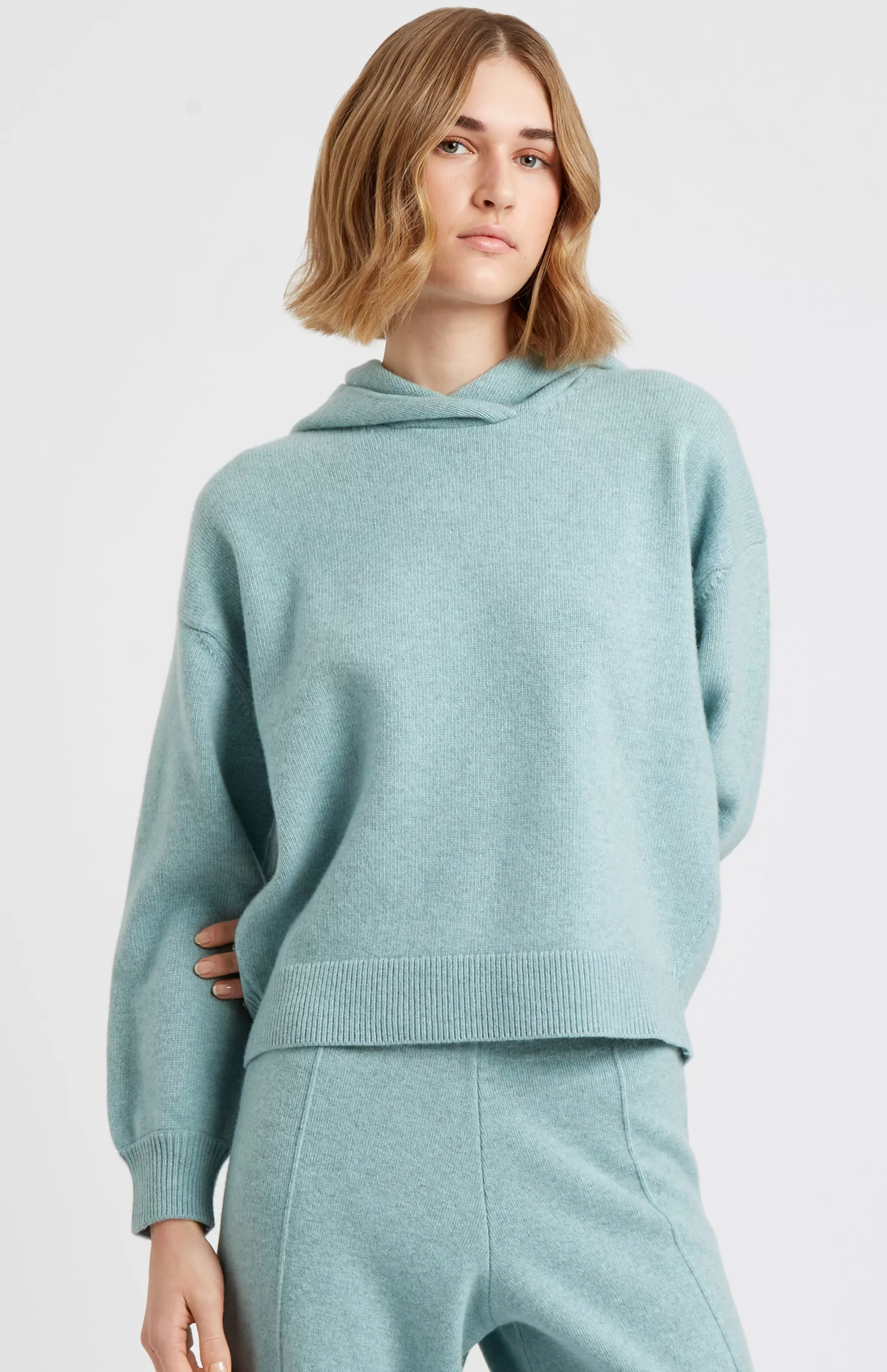 New Women's Cashmere Blend Hoodie In Aqua Melange Men/Women Medium Weight Knits
