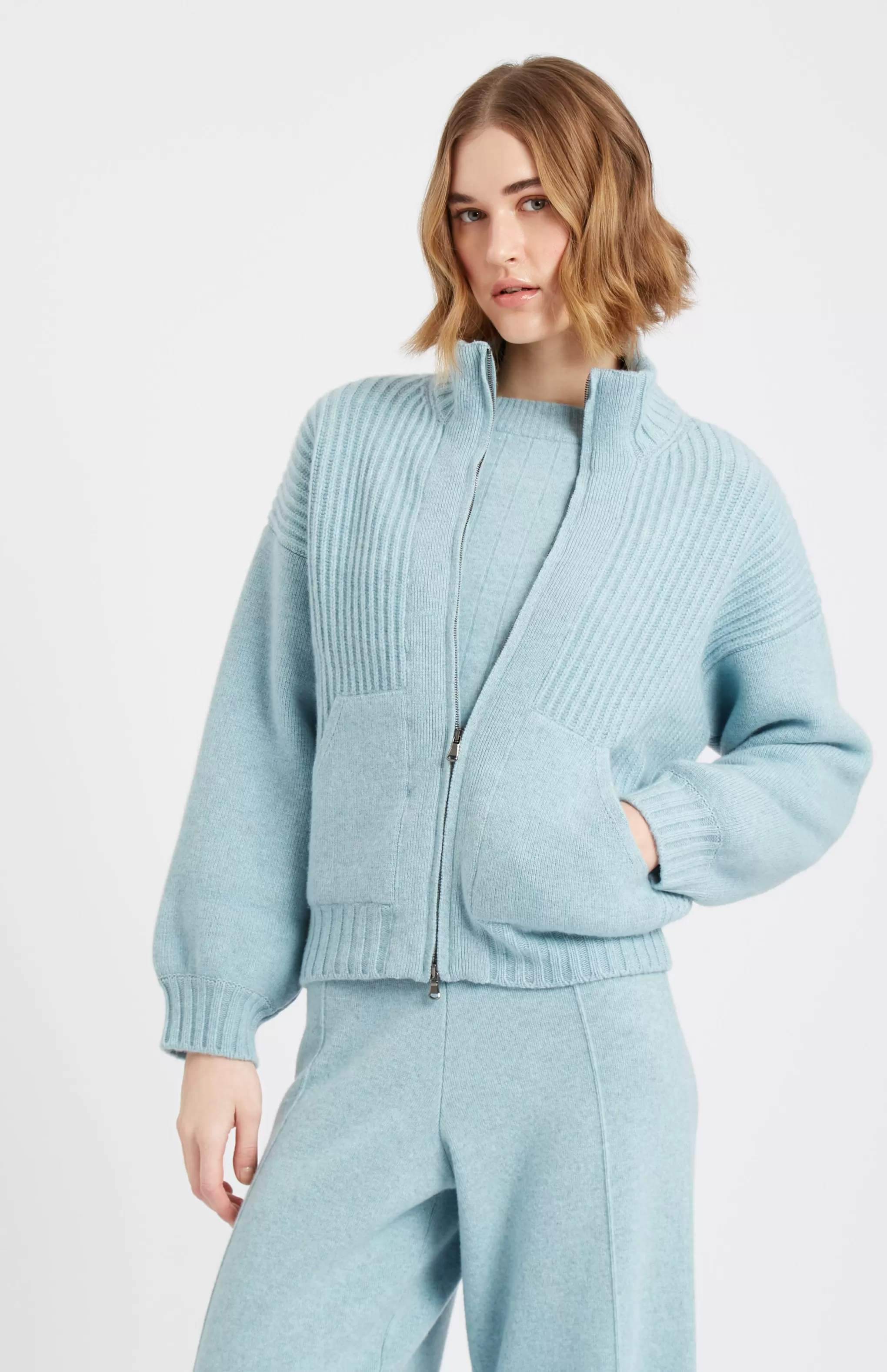 Discount Women's Cashmere Blend Zip Thru Jacket In Aqua Melange Men/Women Heavy Weight Knits