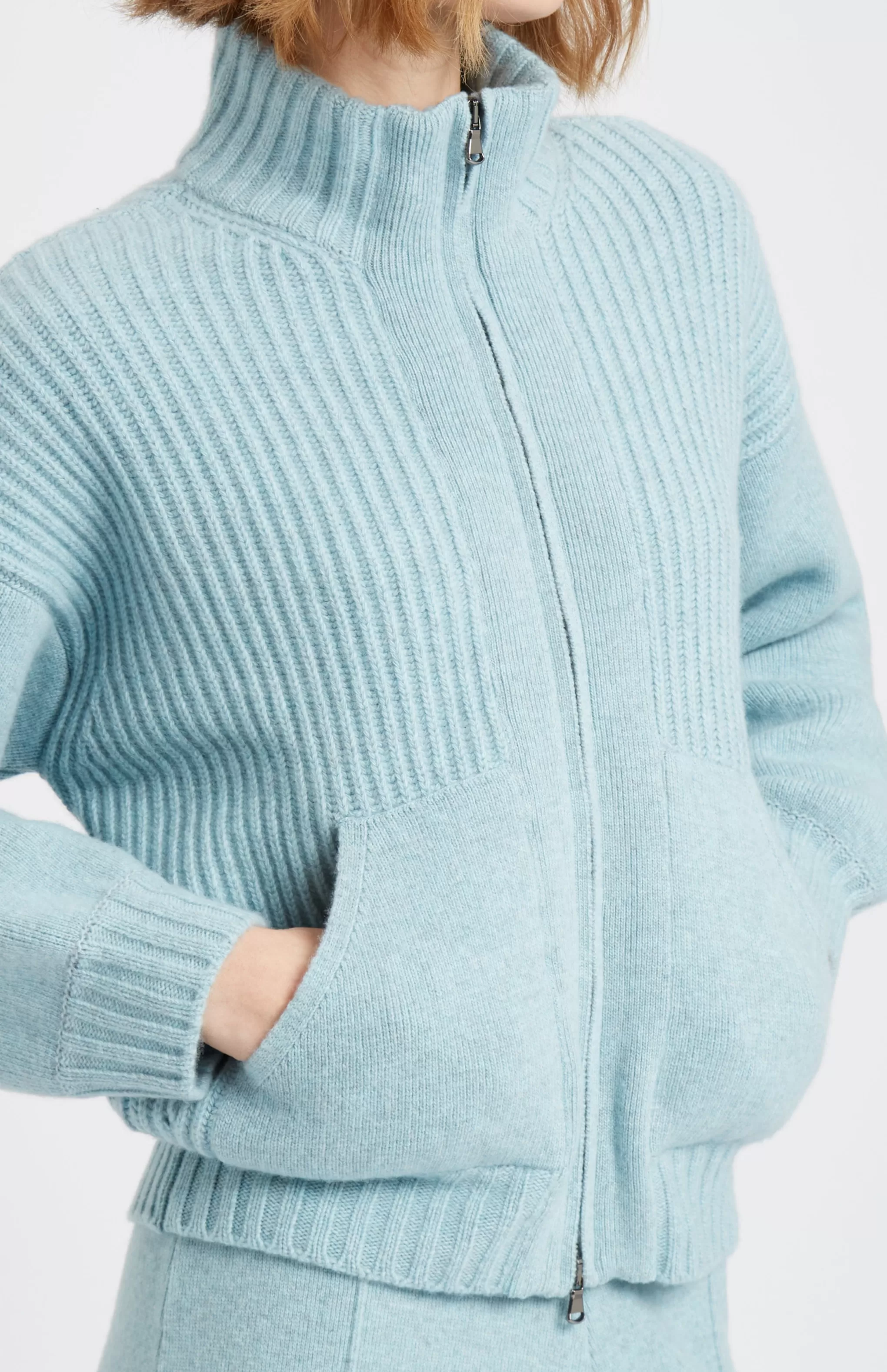 Discount Women's Cashmere Blend Zip Thru Jacket In Aqua Melange Men/Women Heavy Weight Knits
