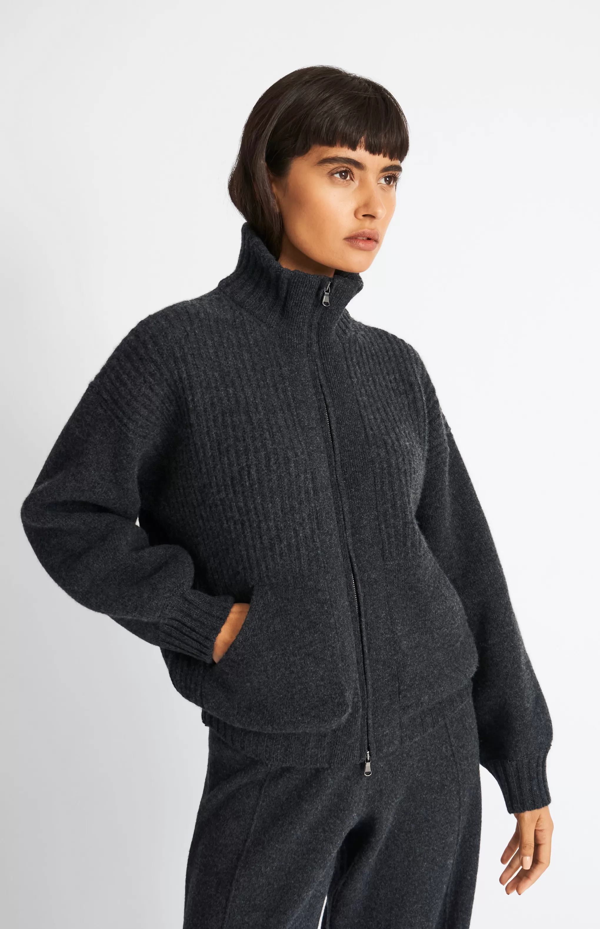 Discount Women's Cashmere Blend Zip Thru Jacket In Charcoal Men/Women High Neck Knits