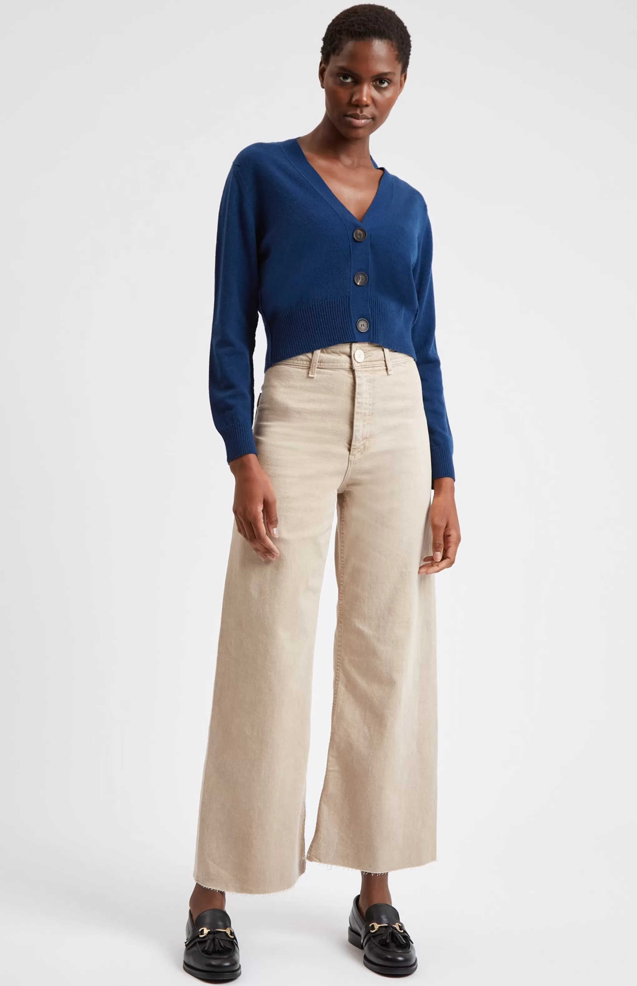 Outlet Women's Cropped Cashmere Cardigan In Navy Men/Women Made in Scotland