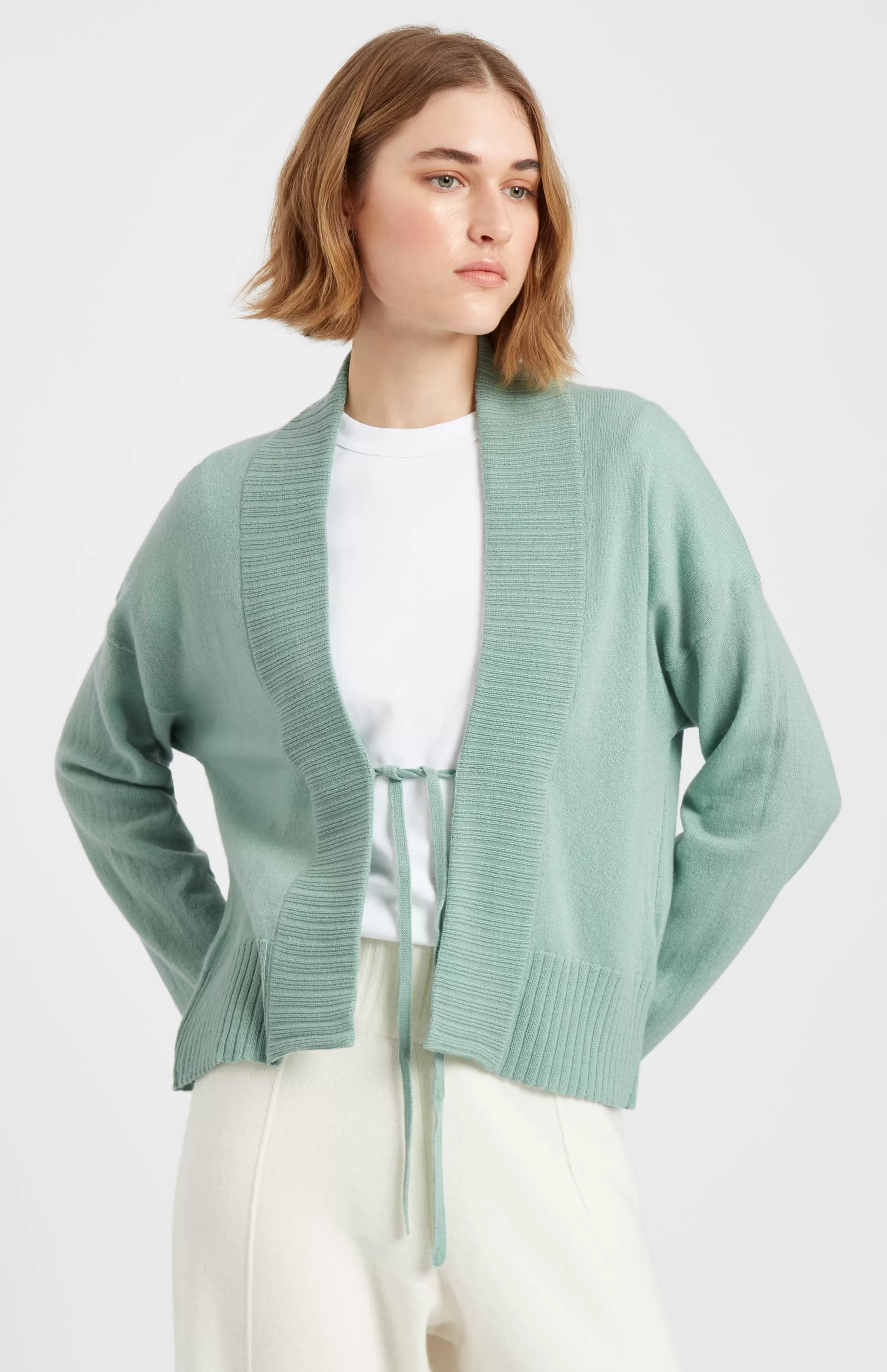 Cheap Women's Lightweight Cashmere Open Cardigan With Tie In Aniseed Green Men/Women Light Weight Knits