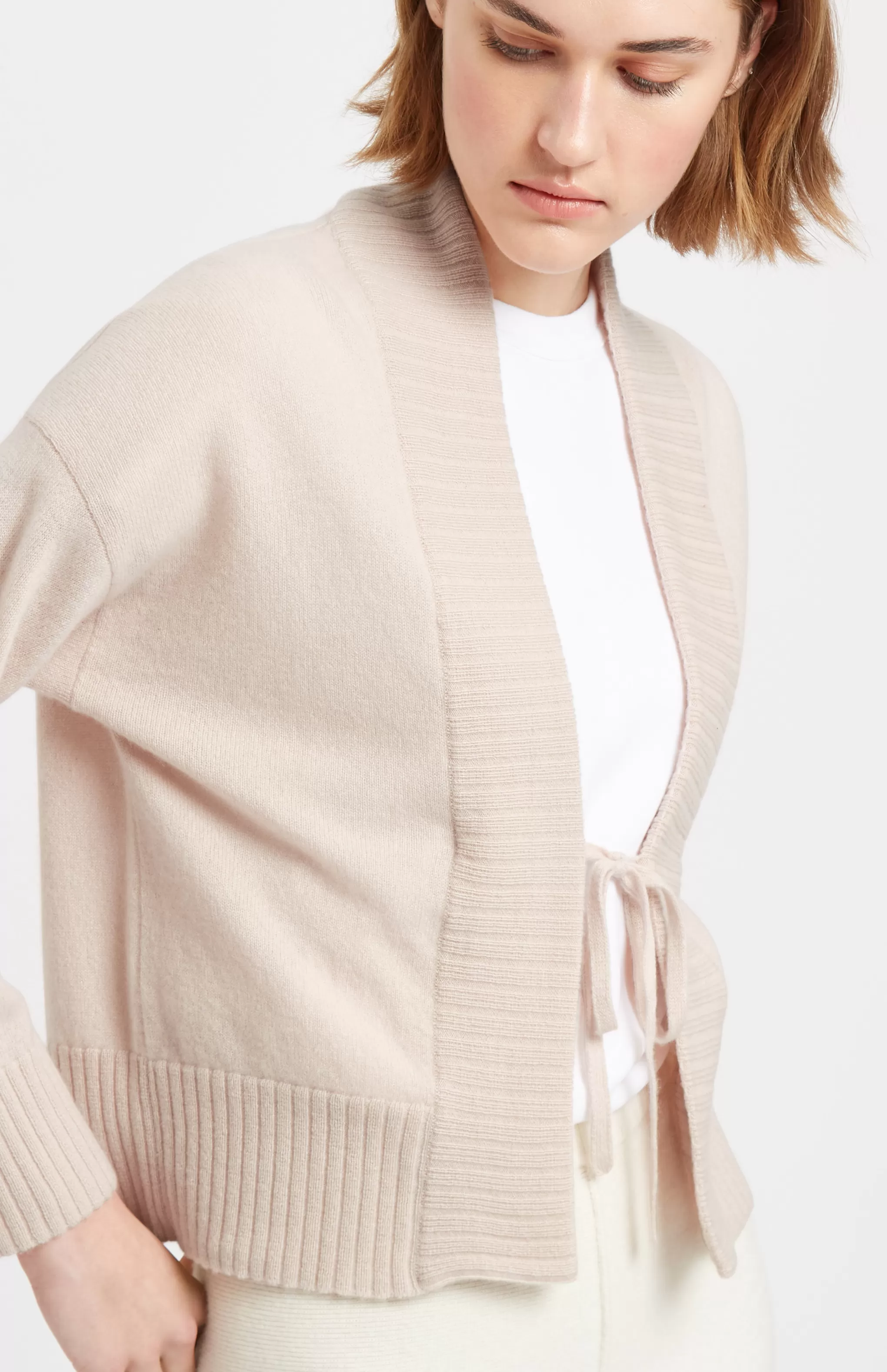 Store Women's Lightweight Cashmere Open Cardigan With Tie In Pastel Pink Men/Women Made in Scotland