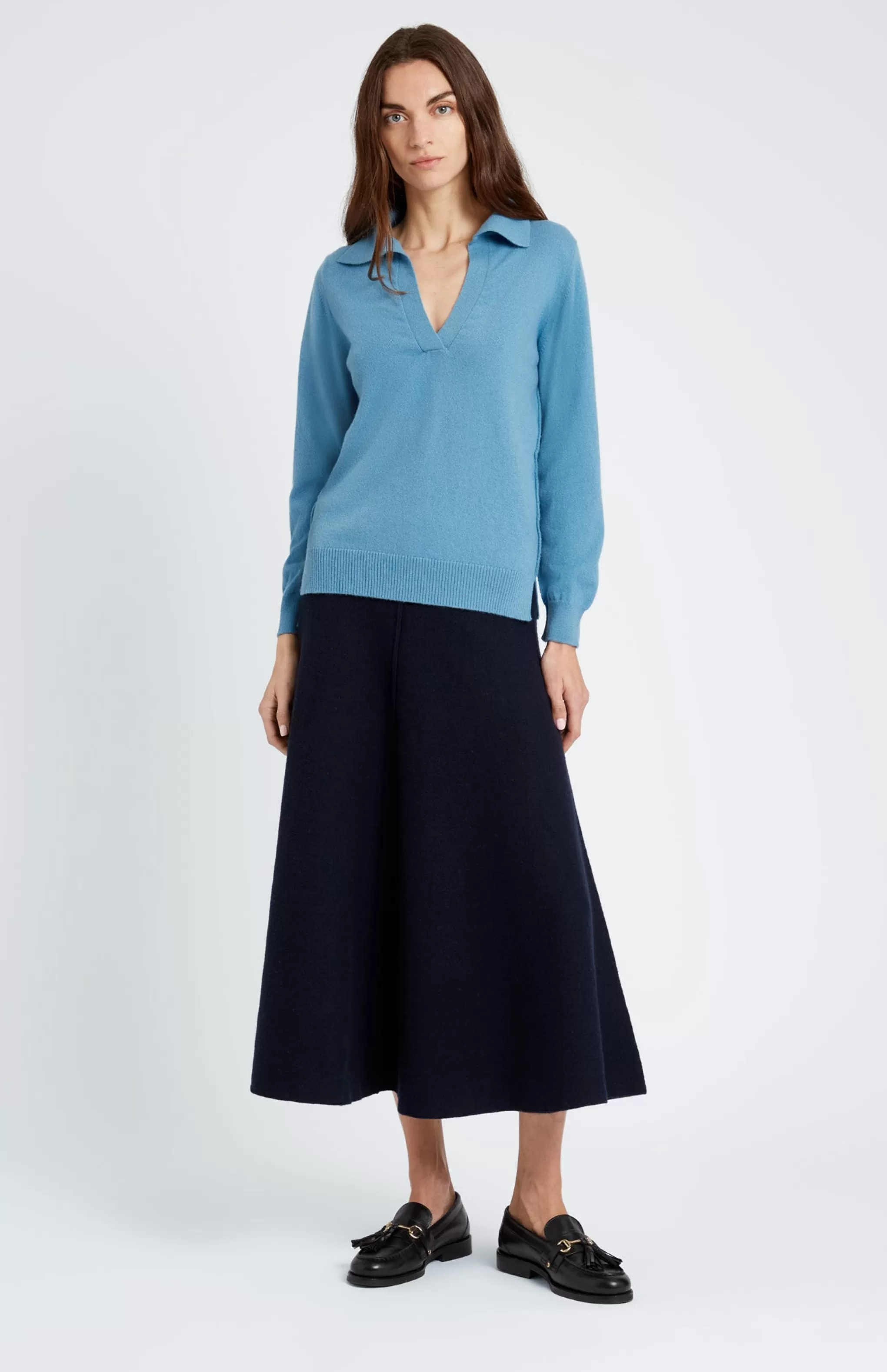 Hot Women's Polo-style Cashmere Jumper In Blue Smoke Men/Women Medium Weight Knits