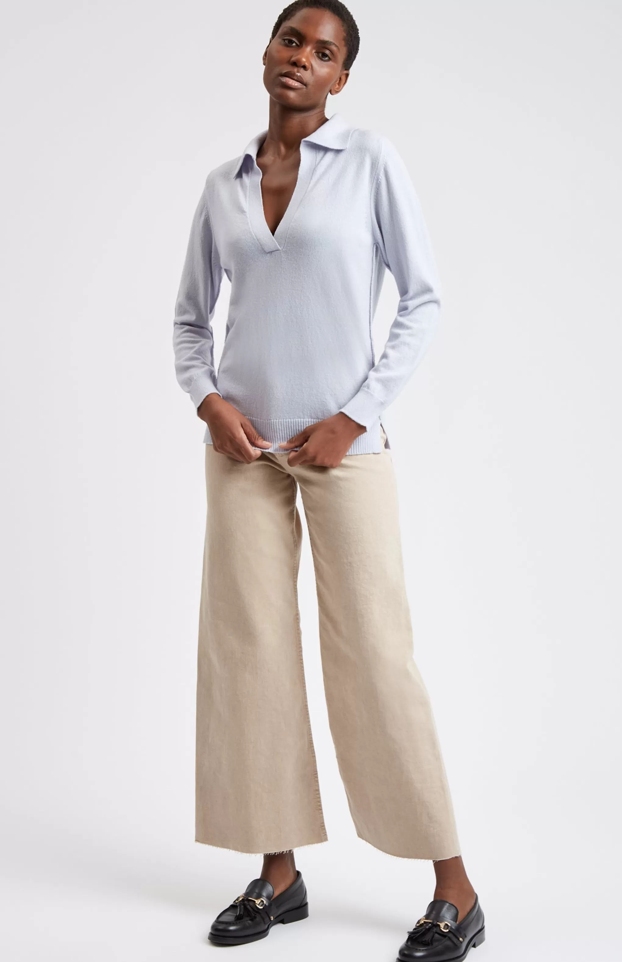 Clearance Women's Polo-style Cashmere Jumper In Light Blue Men/Women Made in Scotland