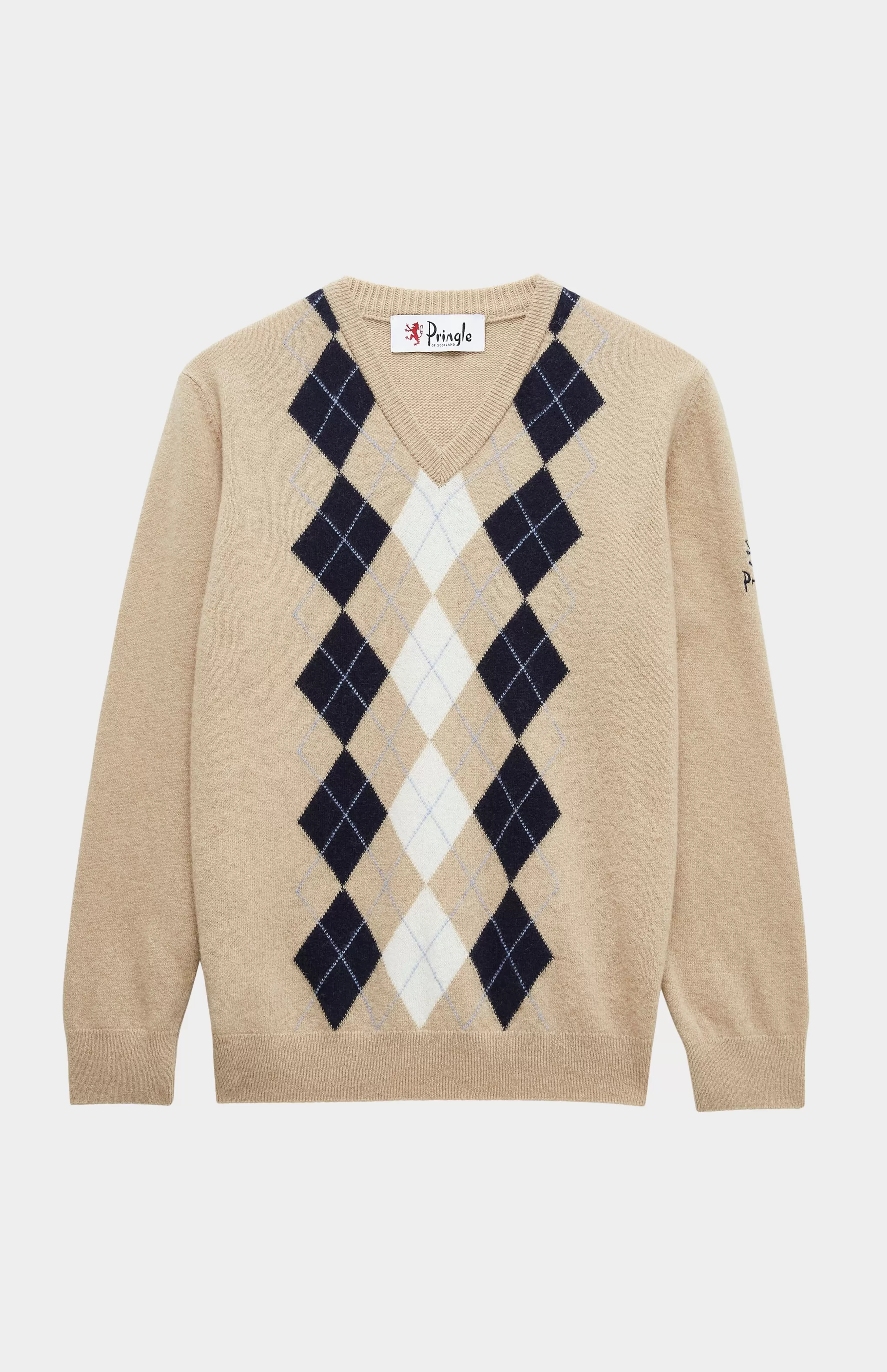 Clearance Women's V Neck Centre Argyle Lambswool Jumper In Camel / Navy Men/Women Medium Weight Knits