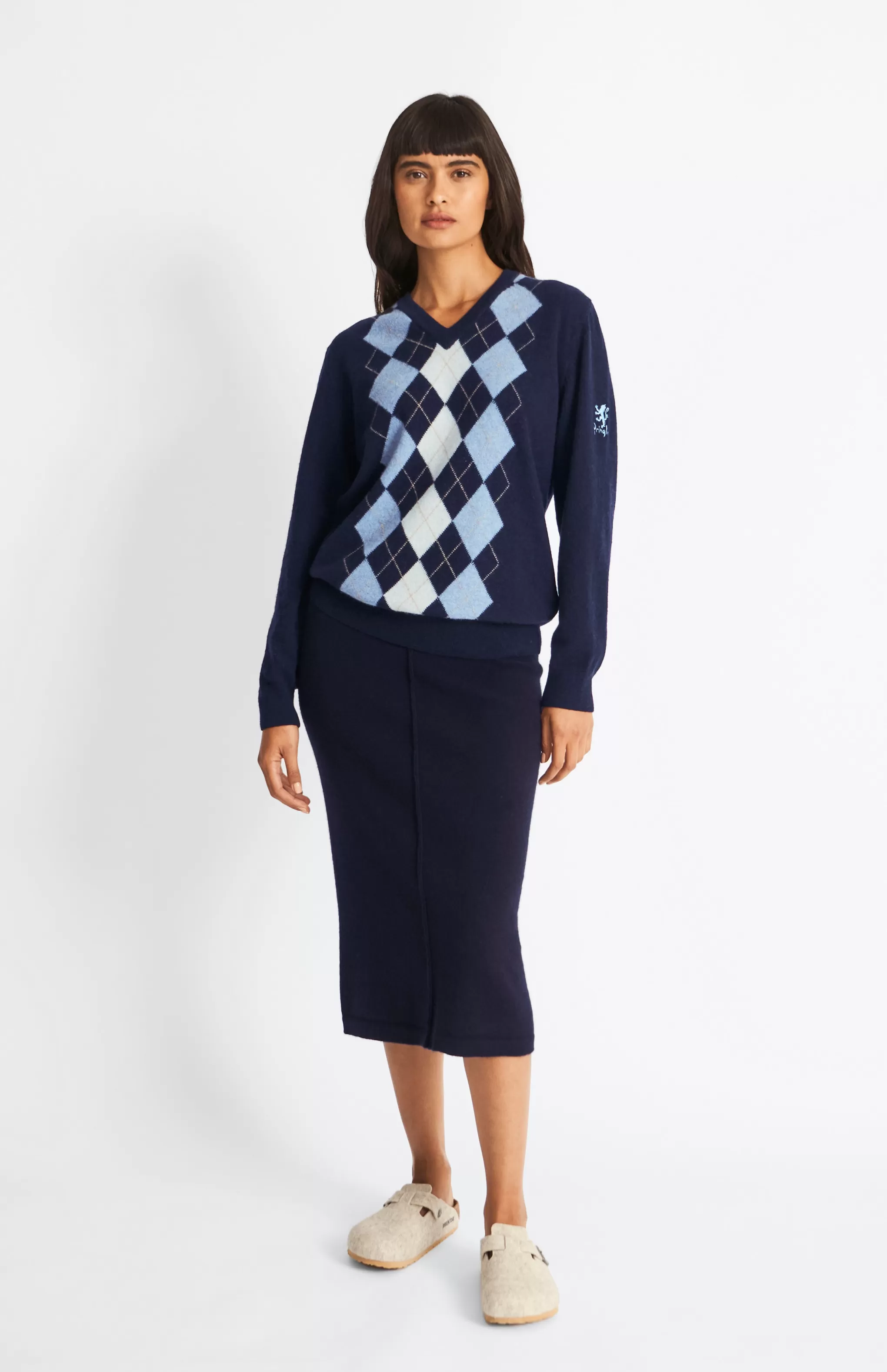 Hot Women's V Neck Centre Argyle Lambswool Jumper In Navy / Blue Men Pringle Heritage Unisex Collections