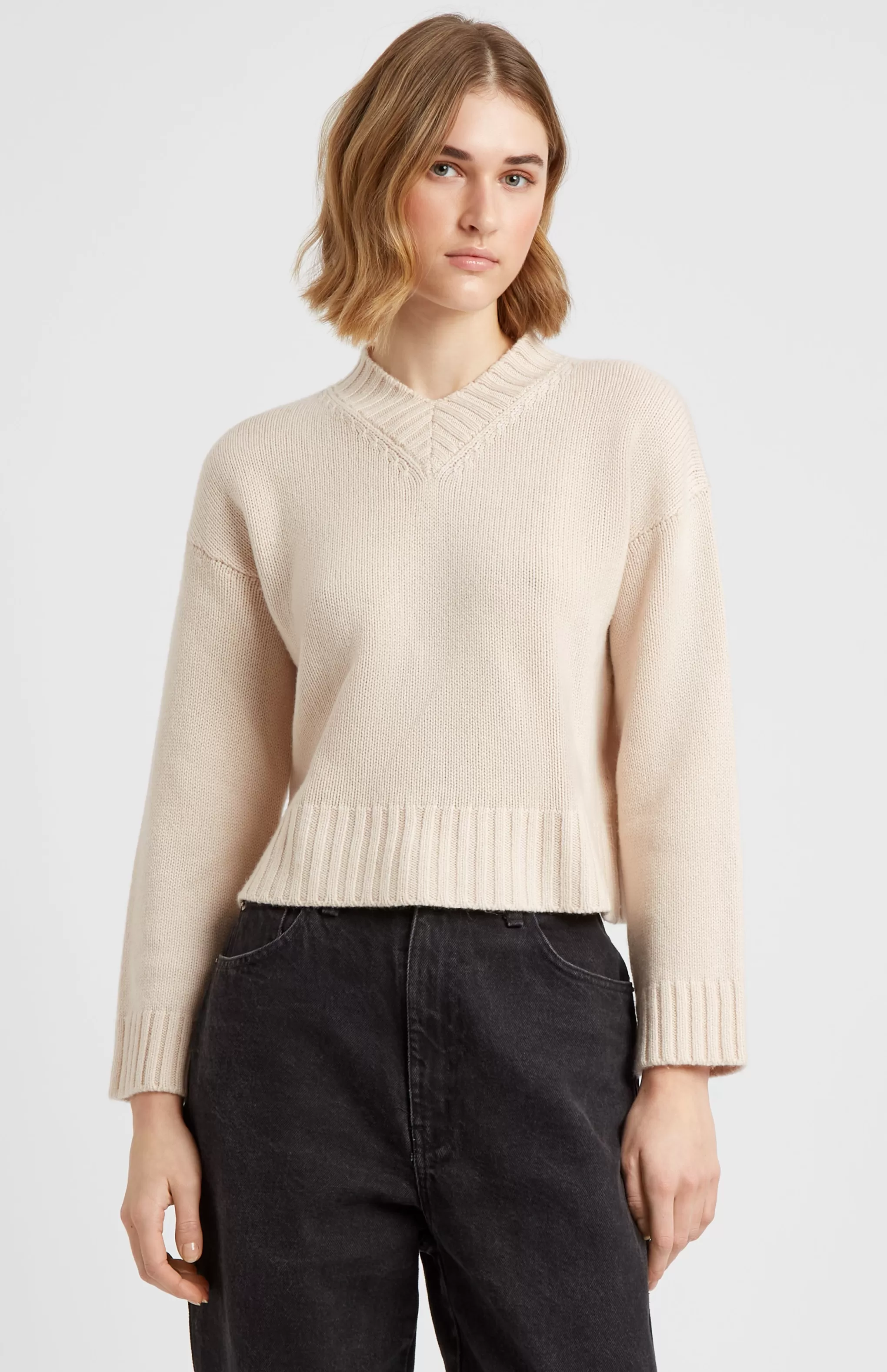 Shop Women's V Neck Cosy Cashmere Jumper In Light Natural Men/Women V Neck Knits