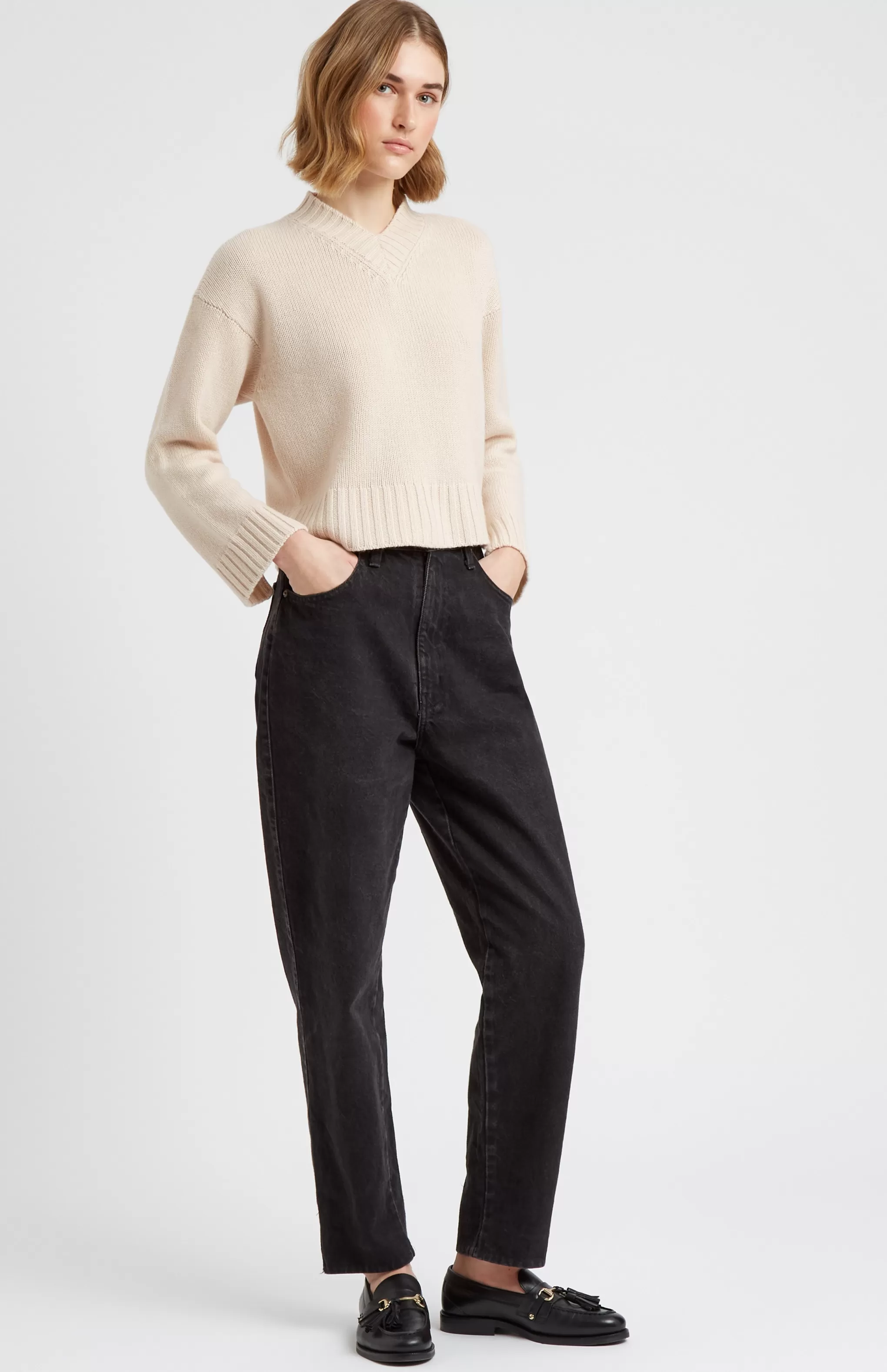 Shop Women's V Neck Cosy Cashmere Jumper In Light Natural Men/Women Medium Weight Knits