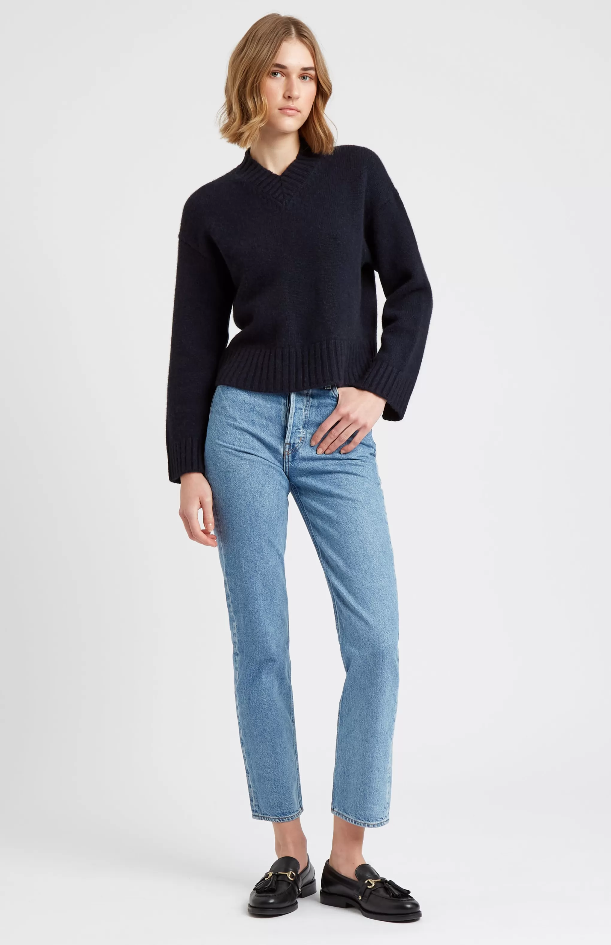 Shop Women's V Neck Cosy Cashmere Jumper In Midnight Men/Women Best Sellers