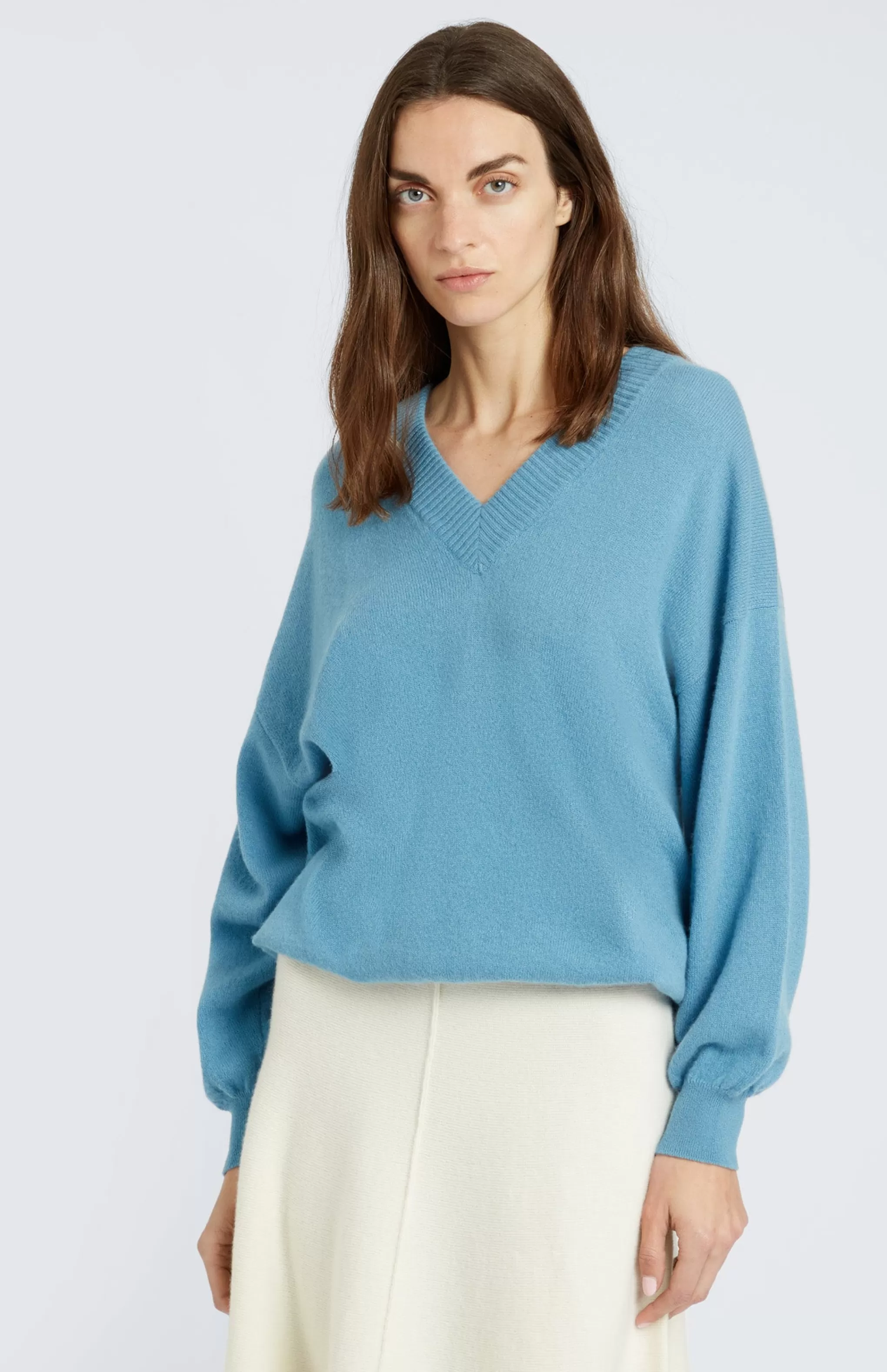 Cheap Women's V Neck Lightweight Cashmere Jumper In Blue Smoke Men/Women Cashmere