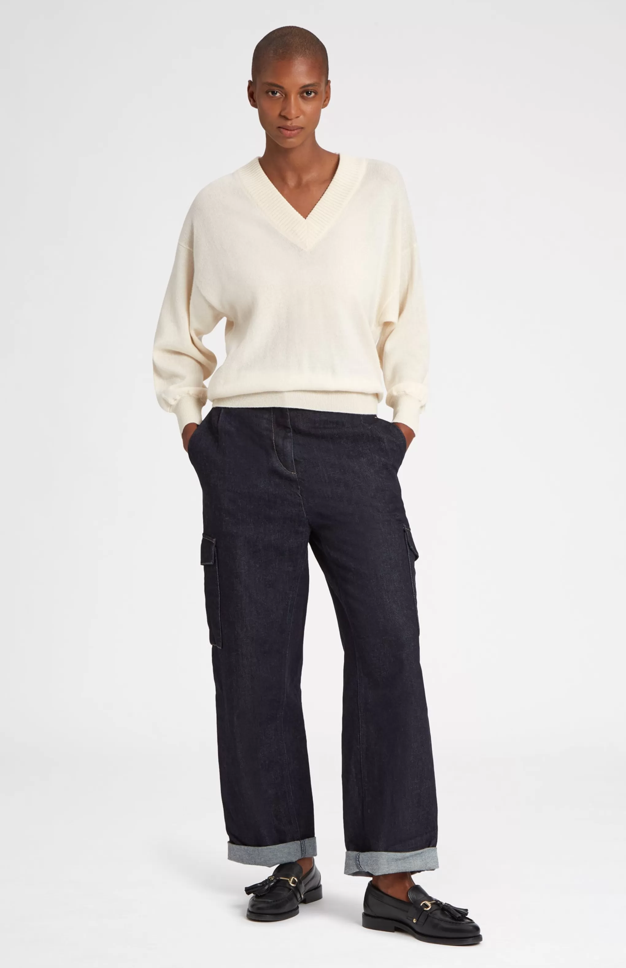 Best Sale Women's V Neck Lightweight Cashmere Jumper In Vanilla Cream Men/Women Cashmere