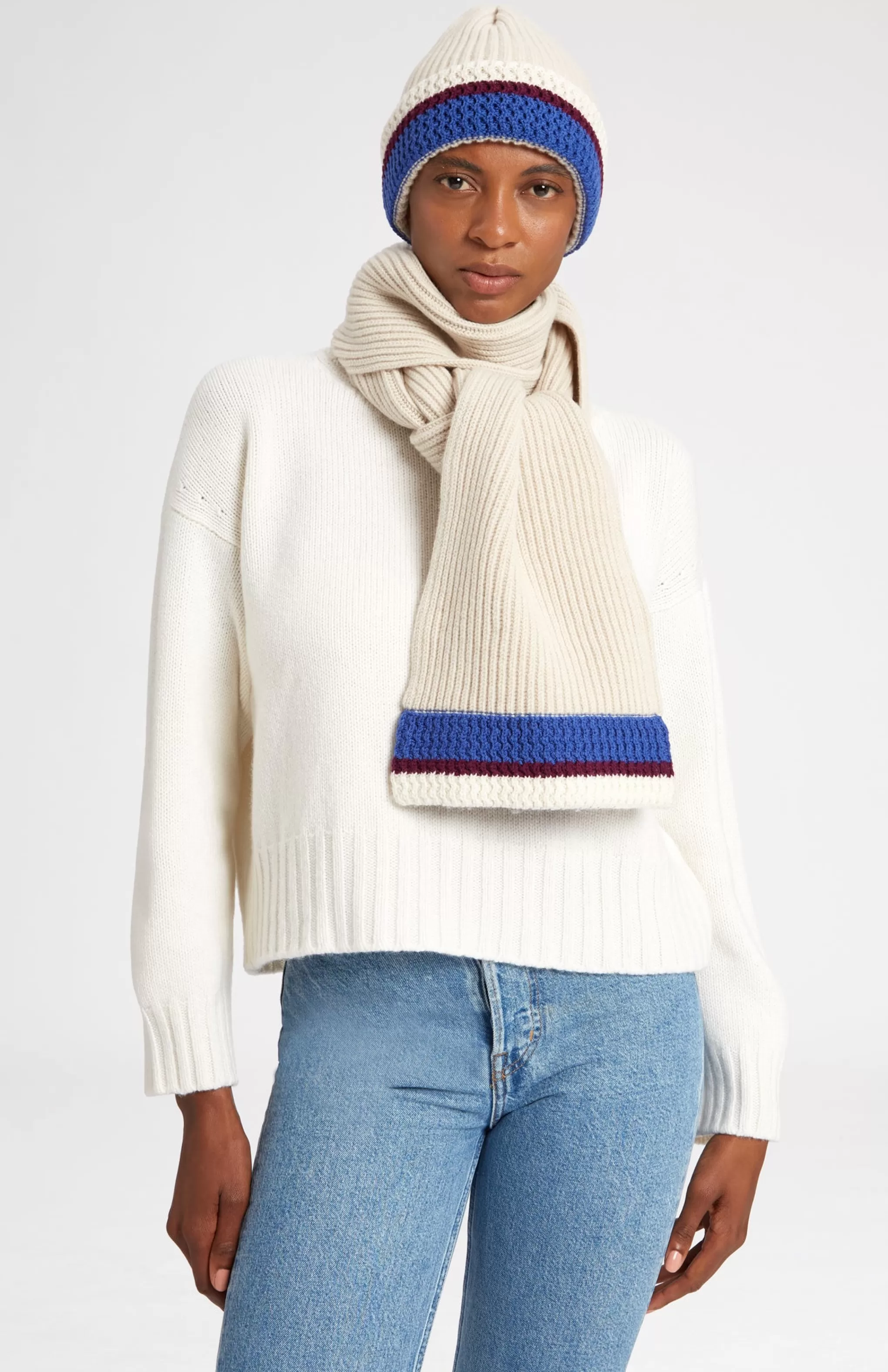 Shop Wool Cashmere Blend Scarf With Allover Chunky Cardigan Rib In Almond Men Scarves