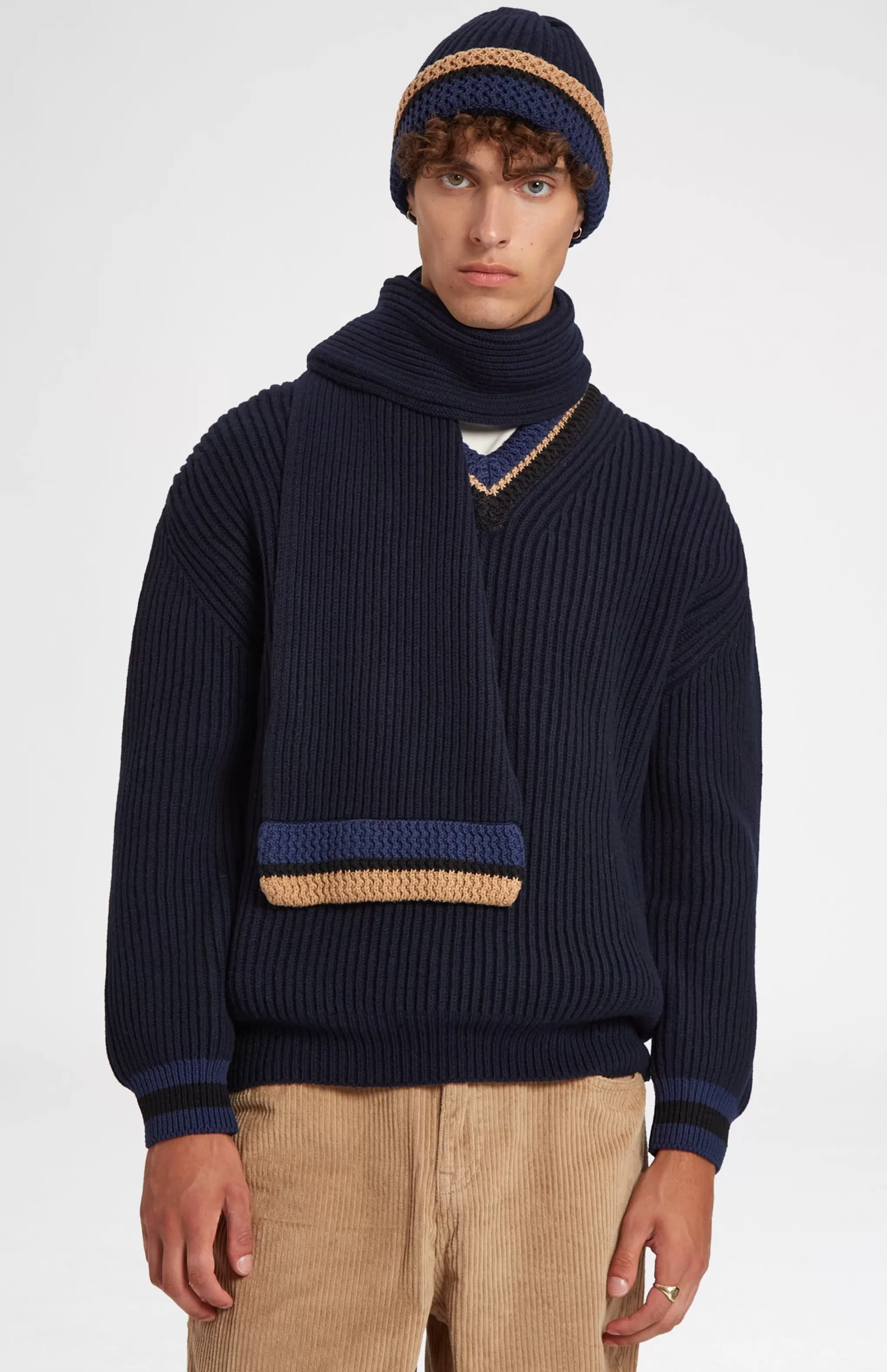 Clearance Wool Cashmere Blend Scarf With Allover Chunky Cardigan Rib In Navy Men Scarves