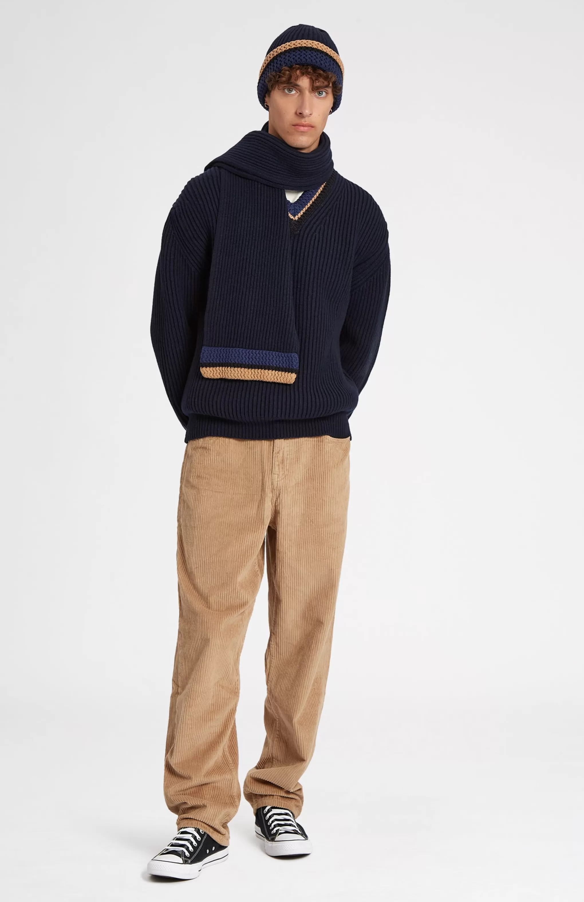Online Wool Cashmere Blend Scarf With Allover Chunky Cardigan Rib In Navy Men Made in Scotland