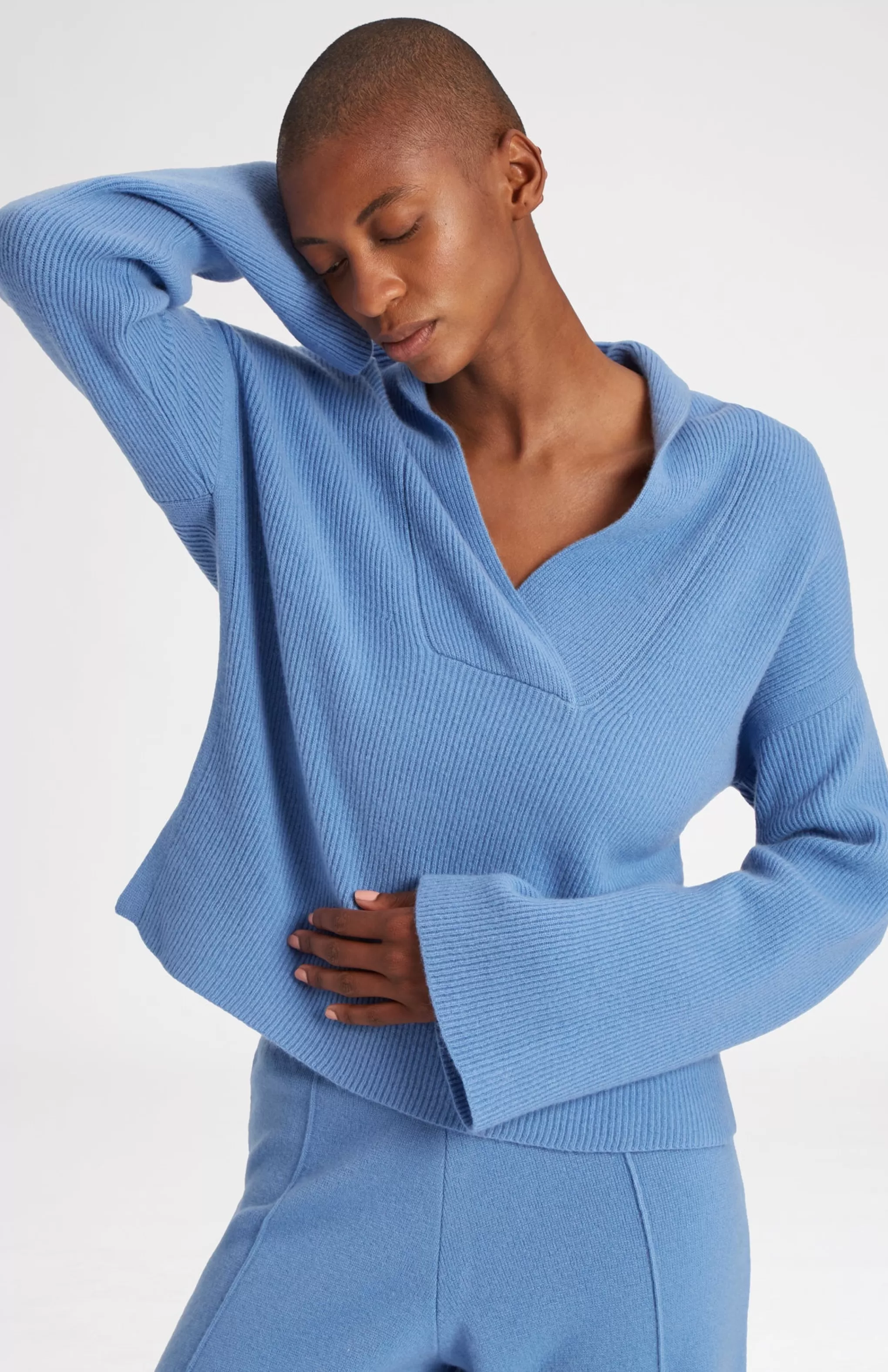 Outlet Wool Cashmere Blend Shawl Neck Jumper With Fine Rib In Cornflower Blue Men/Women Medium Weight Knits
