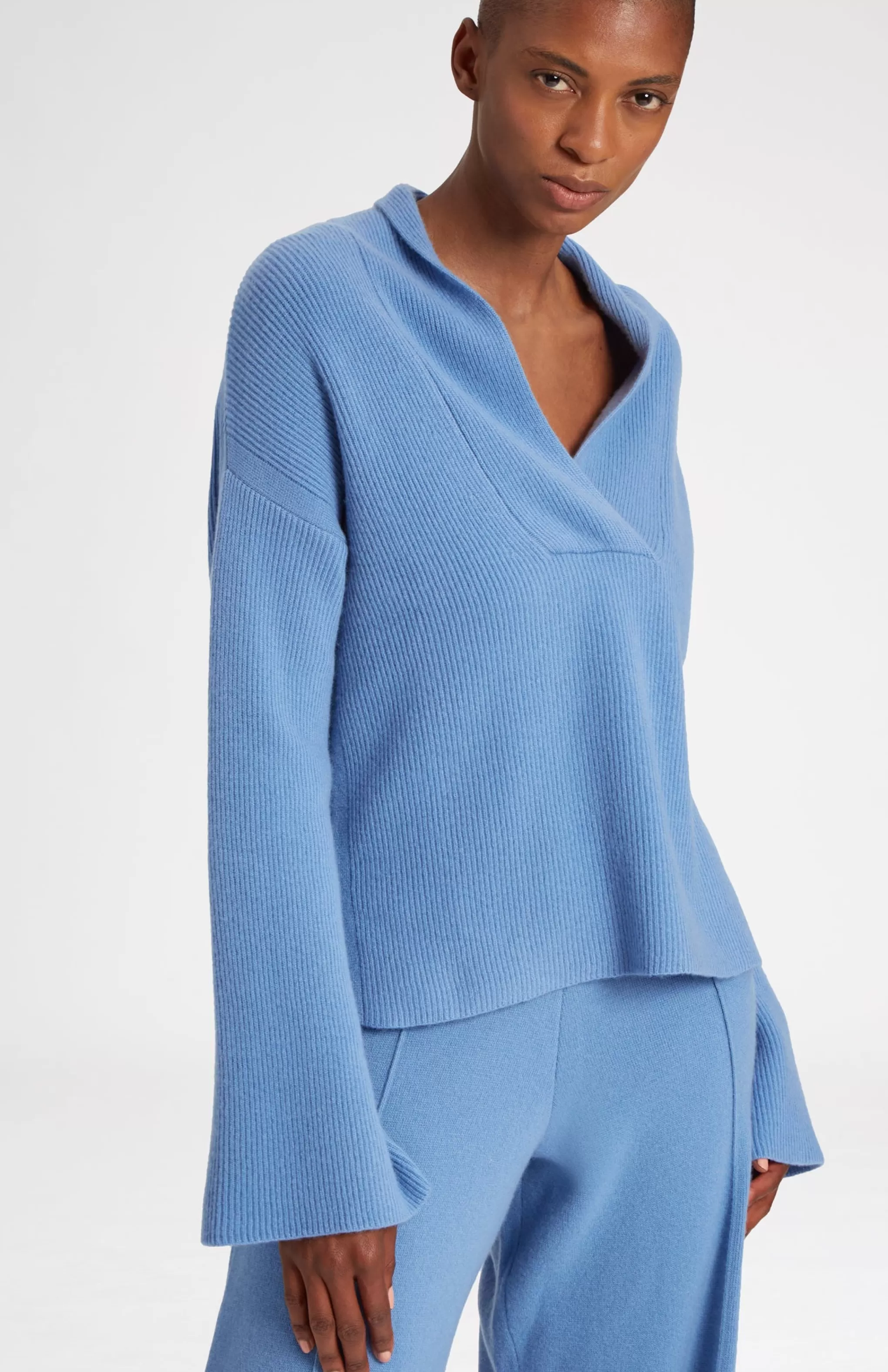 Outlet Wool Cashmere Blend Shawl Neck Jumper With Fine Rib In Cornflower Blue Men/Women Medium Weight Knits